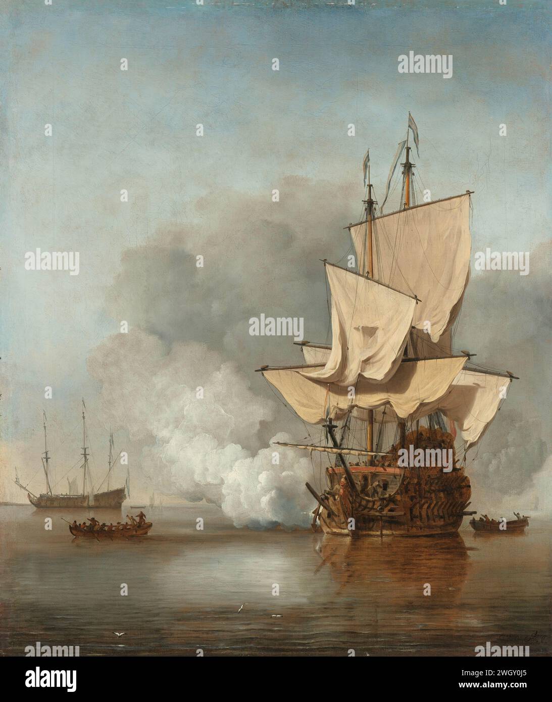 Der Kanonenschuss, Willem van de Velde (II), um 1680, das Bild des Kanonenschusses. Ein Kriegsschiff in Windstille mit schwachen Segeln löst einen Kanonenschuss auf. Zwei Slops auf beiden Seiten, ein weiteres Kriegsschiff in der Ferne, mit gebügelten Segeln. Anhänger von SK-A-1848. Leinwand. Ölfarbe (Farbe) Segelschiff, Segelboot. Kanonenschüsse (Militärsalute) Stockfoto