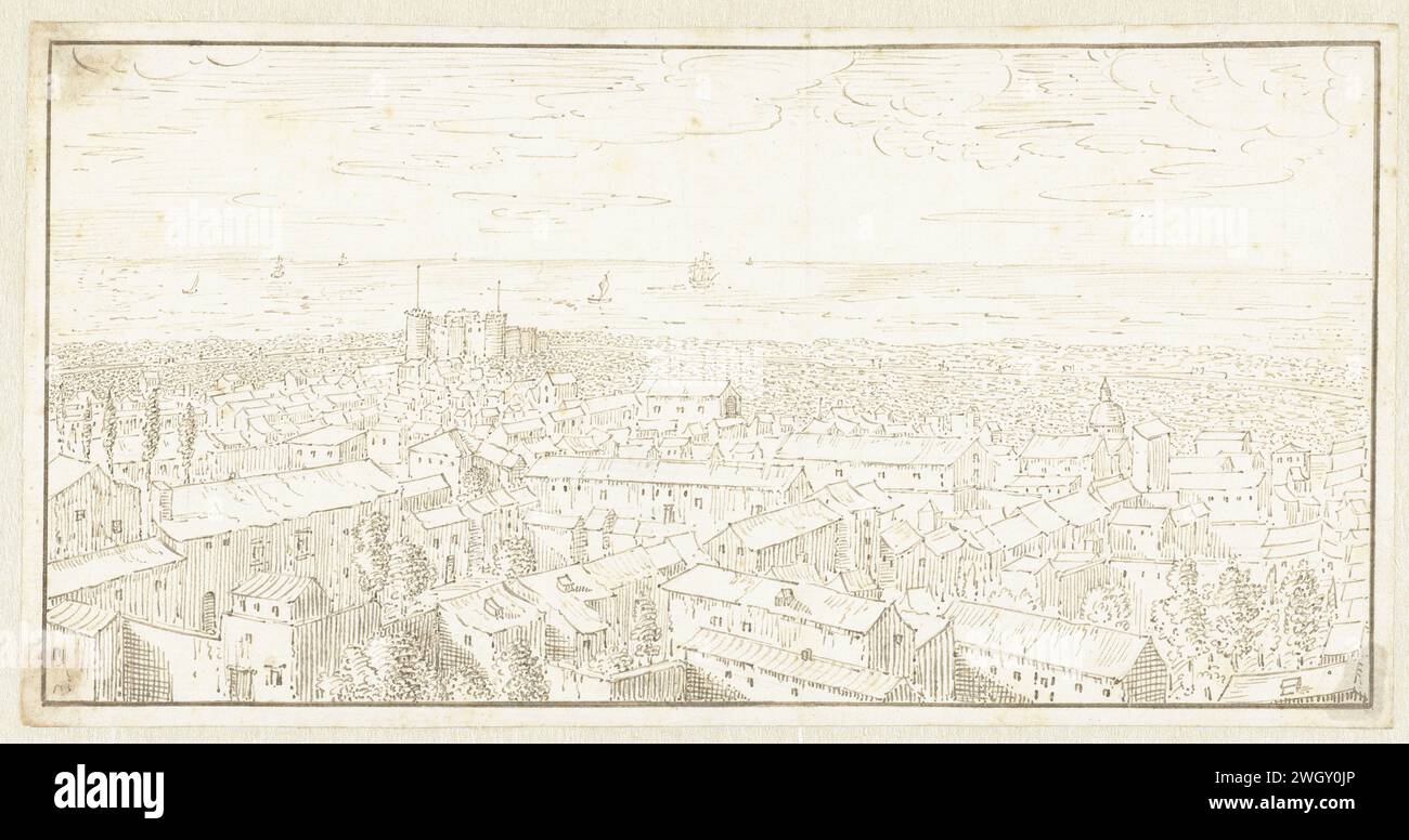 Blick auf eine Stadt mit einer Festung in der Ferne, Johan Teyler, 1679 - 1683 Zeichenpapier. Tintenstift Aussicht auf die Stadt, Stadtpanorama, Silhouette der Stadt Mittelmeer Stockfoto