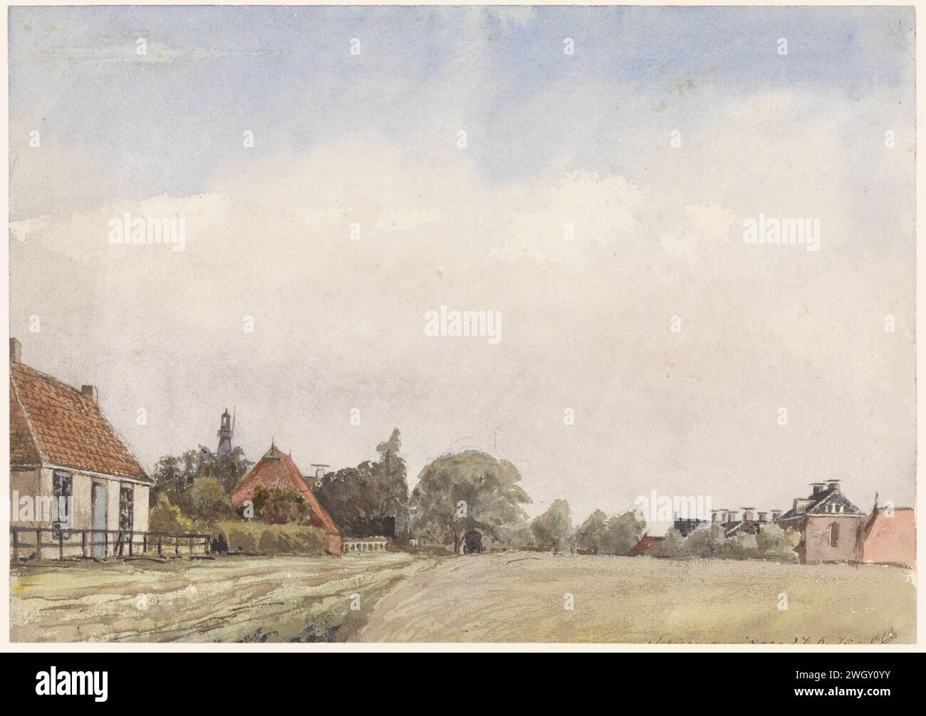 Blick auf Schiermonnikoog, Jan Daniël Cornelis Carel Willem Baron de Constant Rebecque, Zeichenpapier aus dem Jahr 1875. Kreide. Aquarellpinsel Aussicht auf das Dorf, Silhouette des Dorfes Schiermonnikoog Stockfoto