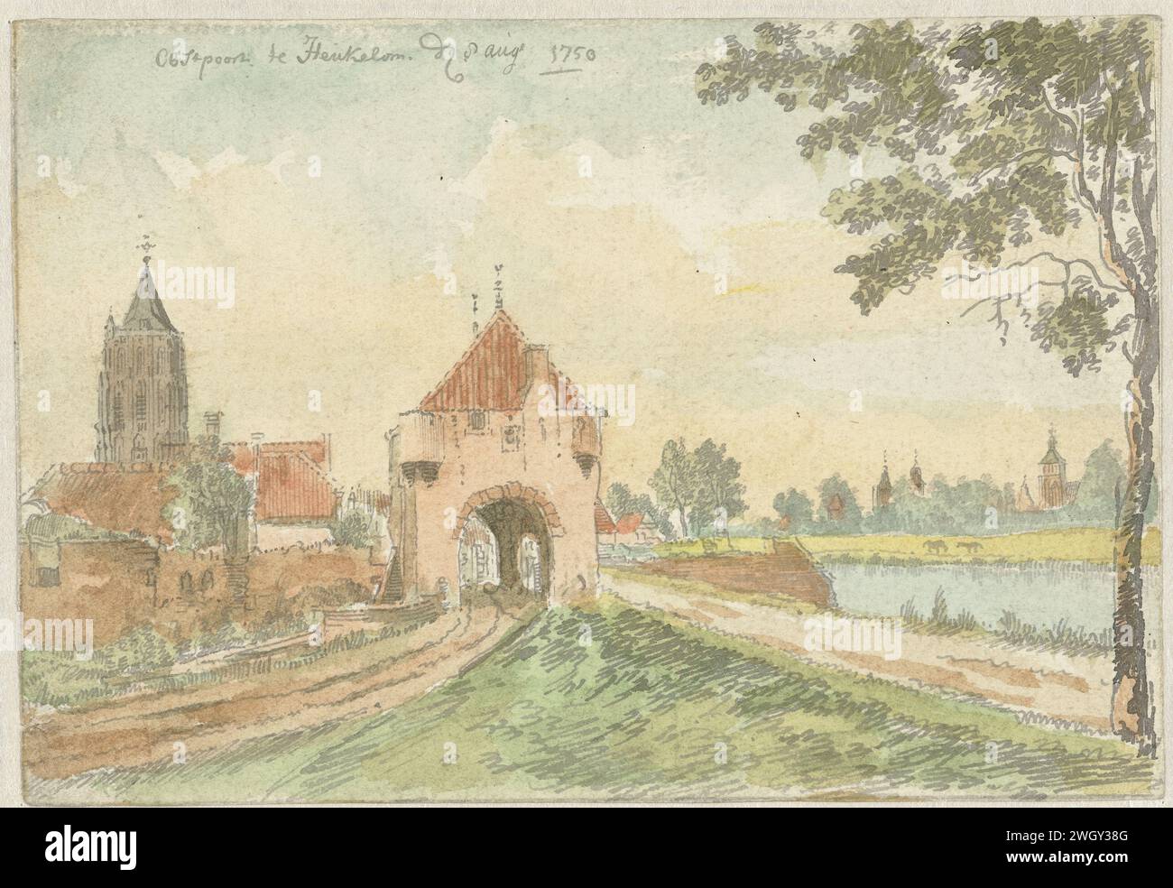 De Oostpoort in Heukelom, J. Molijn, 1750 Zeichenpapier. Tinte. Aquarellpinsel / Stift Stadttor Heukelum. Oostpoort Stockfoto