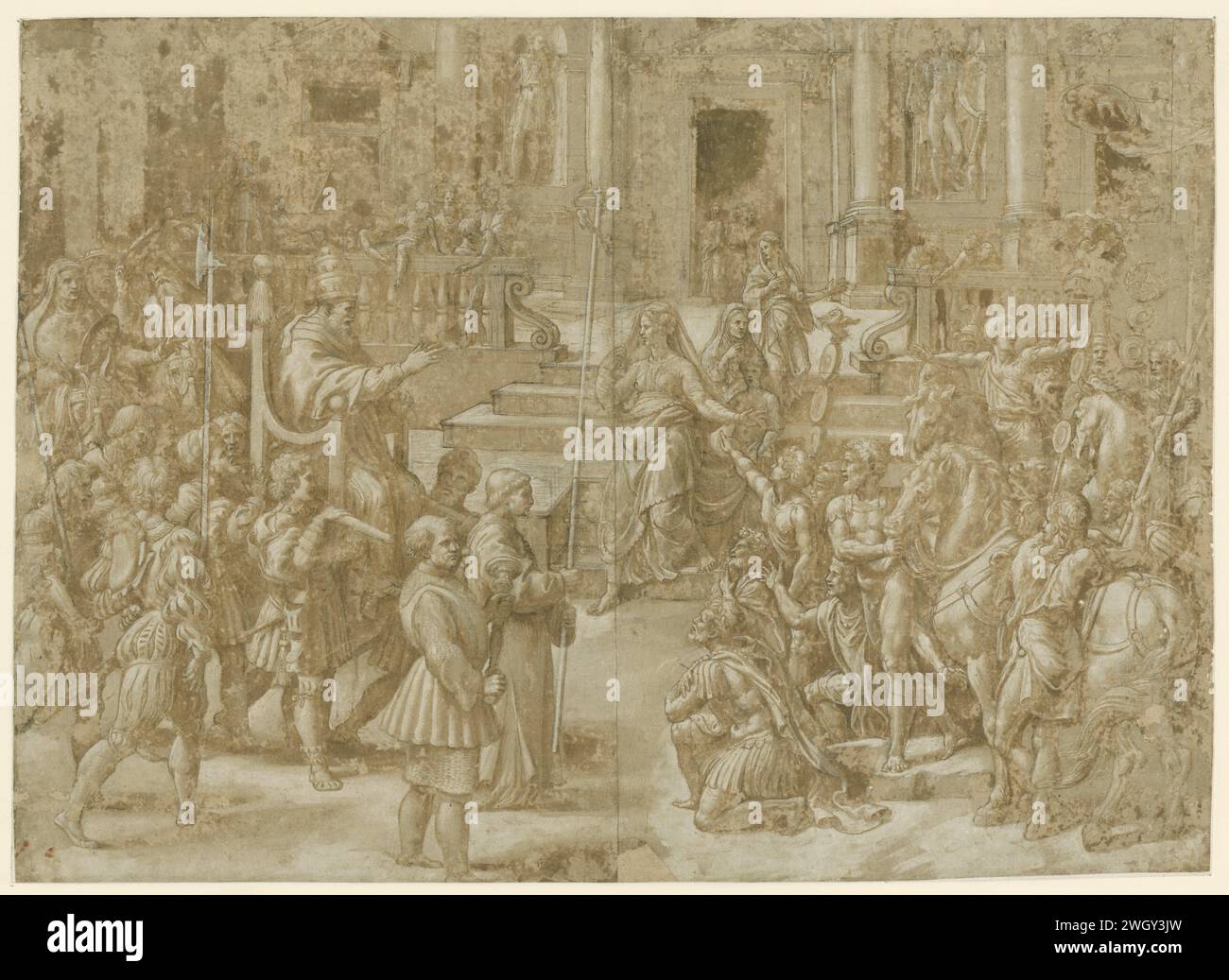 Die Spende von Konstantin, Giulio Romano, 1520 - 1524 Zeichnung von Constantijn und Helena für Papst Sylvester I. Design für ein Fresko. Papier. Tintenstift / Pinsel Kaiserin Helena, Mutter von Konstantin dem Großen; mögliche Attribute: Modell der Kirche, (königliche) Krone, Dornenkrone, Kreuz, drei Nägel Stockfoto