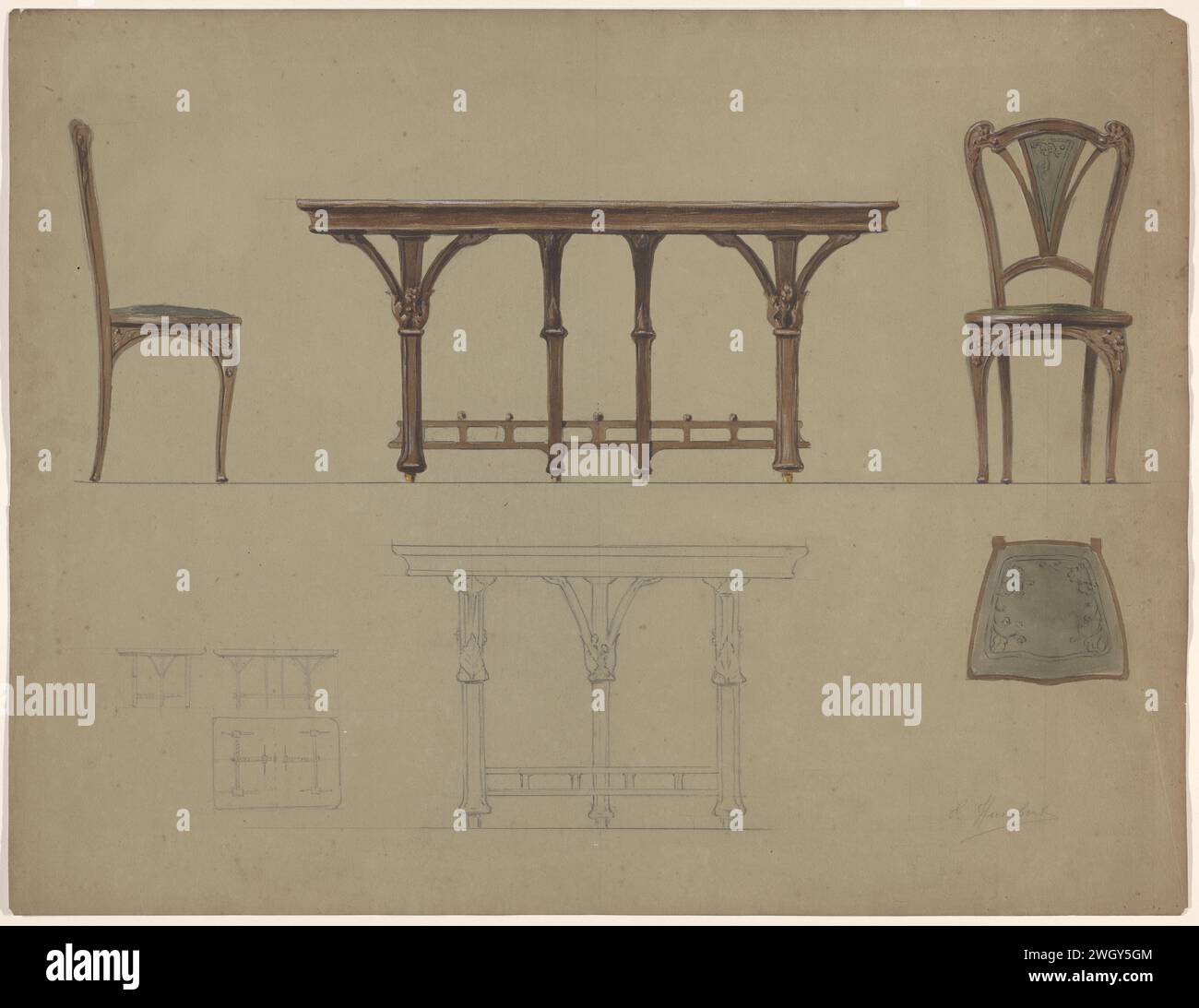 Entwurf für einen Tisch und einen Stuhl, E. Humbert (abgelehnte Attribution), um 1900 Frankreichs Papier. Graphit (mineralisch). Aquarell (Farbe) Stockfoto