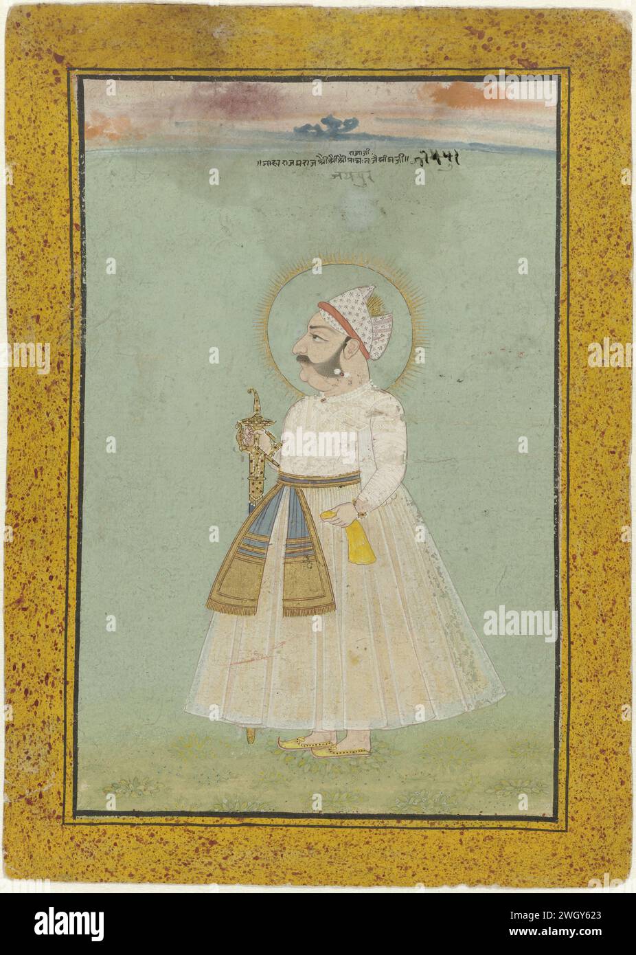 Porträt von Jaisingh, Gründer von Jaipur, Anonym, um 1830 indische Miniatur. Auf hellgrünem Hintergrund ist der Gründer von Jaipur, der links im Profil steht, mit einem goldfarbenen Halo um seinen Kopf abgebildet; oben auf dem grünen Bereich eine Inschrift, in der sein Name erwähnt wird. Die Show ist von schwarzen Rahmenlinien und einem breiten gelben Rand mit Rot eingerahmt. Jaipur Papierbürste/-Bürste Stockfoto