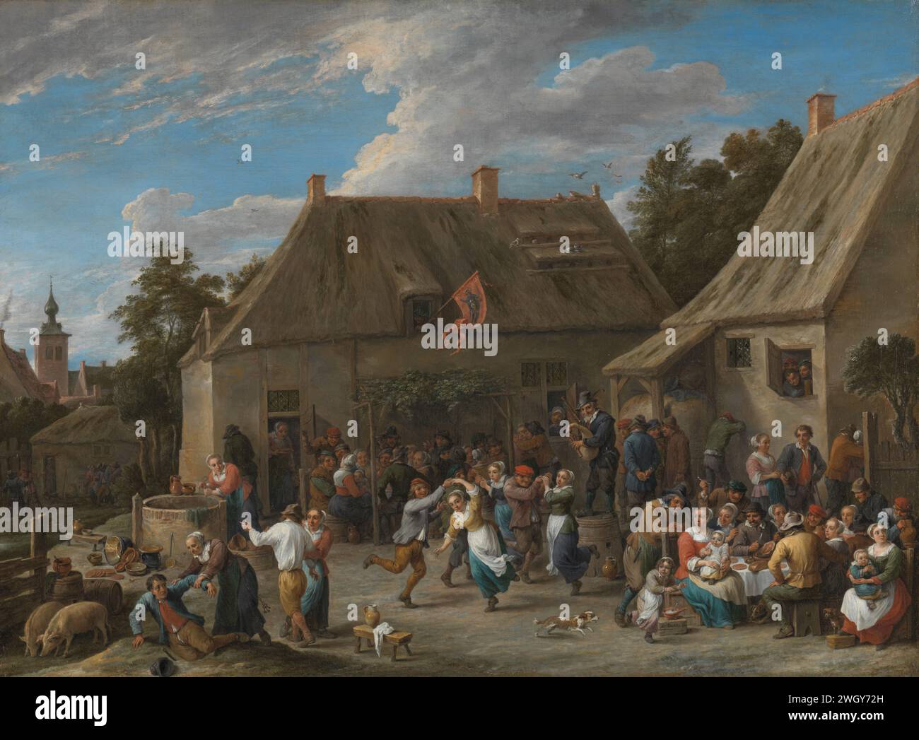 Bauernkermis, David Teniers (II), ca. 1665 Malerei Bauernmesse. In einem gasthaus tanzen Bauern zur Musik eines Dudelsackspielers. Große Gruppen essen und trinken an langen Tischen links und rechts. Ein betrunkener Mann, der zwischen die Schweine fiel, wird von seiner Frau unterstützt. Links ein Brunnen, wo ein Mädchen einen Eimer Wasser bekommt. Aus dem Fenster des gasthauses hängt ein Banner eines Ritters mit Bogen und Pfeilen. Leinwand. Ölfarbe (Farbe) Vergnügungsmarkt und Zirkus. Mehr als ein Paar tanzt. Hund. Dudelsack, Musette - CC - draußen. Essen und Trinken Stockfoto