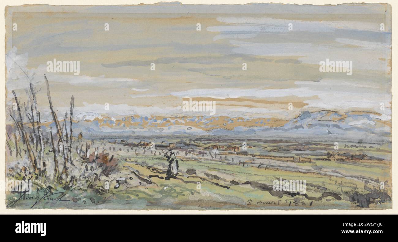 Blick auf eine flache Landschaft, Johan Barthold Jongkind, 1881 Zeichnung schneebedeckte Bergkette in der Nähe von Sint André. Papier. Deckfarbe. Aquarell (Farbe). Kreidebürste Stockfoto