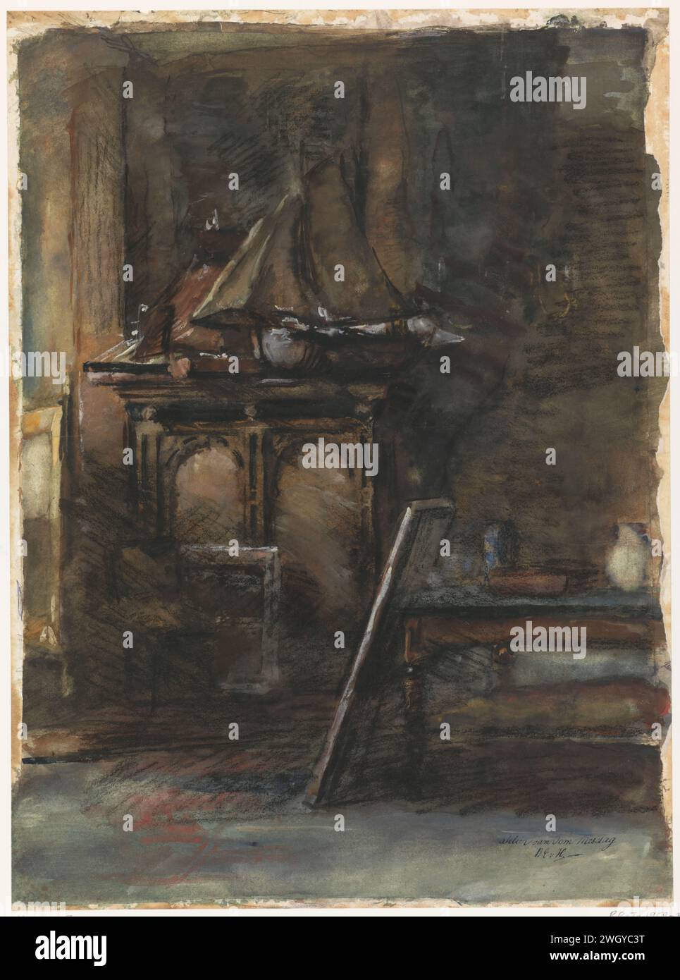 Das Atelier von H. W. Mesdag, mit zwei Modellen von Segelschiffen, Barbara Elisabeth van Houten, 1872–1950 Zeichenpapier. Aquarell (Farbe). Werkstatt für Kreidepinsel, Atelier des Künstlers (allgemein) Stockfoto