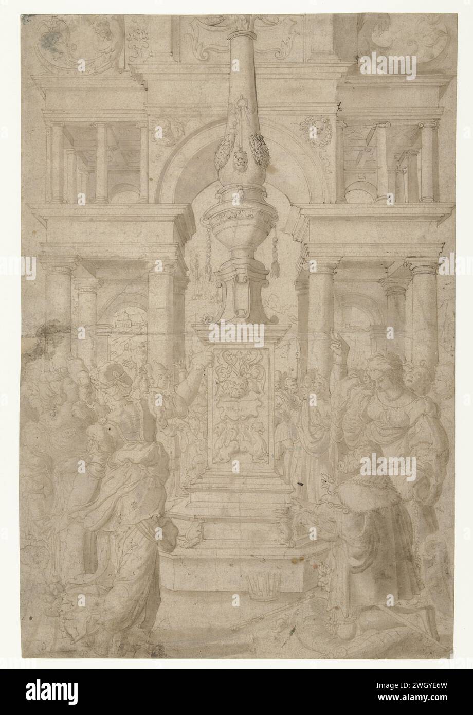 Salomon liebt ein Idol, Adriaen Pietersz Crabeth, 1500–1553 auf der rechten Seite zeichnet Salomon kniet auf einem Kissen für eine Säule, deren Spitze nicht sichtbar ist. Seine Frau ist links und zeigt rechts auf das Idol. Papier. Tintenstift Solomons Frauen und Götzendienst (1 Könige 11:1-13) Stockfoto