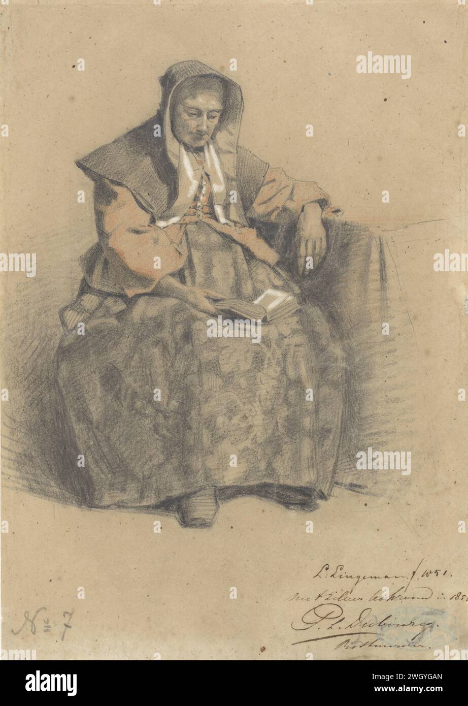 Sitzende Frau mit Buch, Lambertus Lingeman, 1851 Zeichenpapier. Kreide Stockfoto