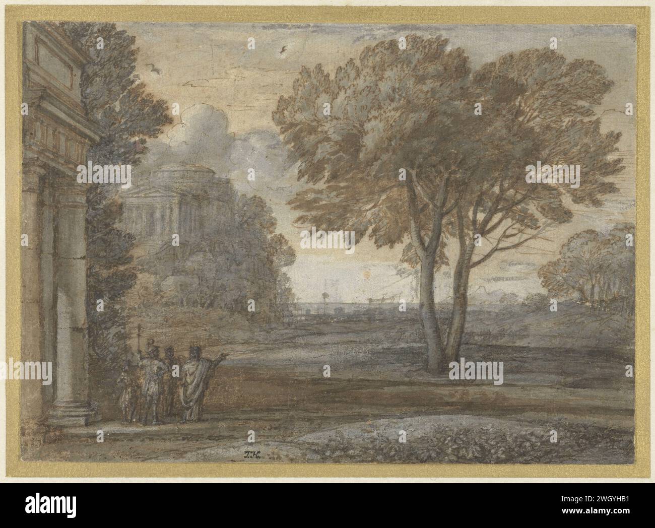 Aeneas in Delos, Claude Lorrain, 1670–1672 Zeichnung der arkadischen Landschaft mit einem Tempel auf der linken Seite und einer Gruppe im Vordergrund: Die Küste von Delos mit Aeneas, Ascanius und Anchises, Anius, der König von Delos und Priester von Apollo. Papier. Tinte. Kreidestift / Pinsel Aufenthalt von Aeneas auf Delos: Treffen mit Anius und Konsultation des Delianischen orakels; die Trojaner opfern den Göttern Stockfoto