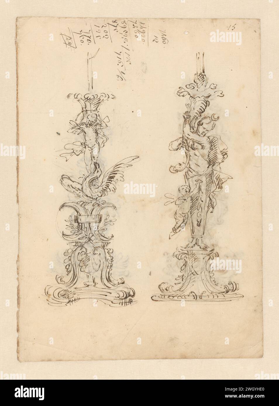 Albummagazin mit zwei großen Kerzenleuchtern, Filippo Juvarra, 1705 - ca. 1714, Zeichnung Rom Kreide. Tintenzeichnung Stockfoto