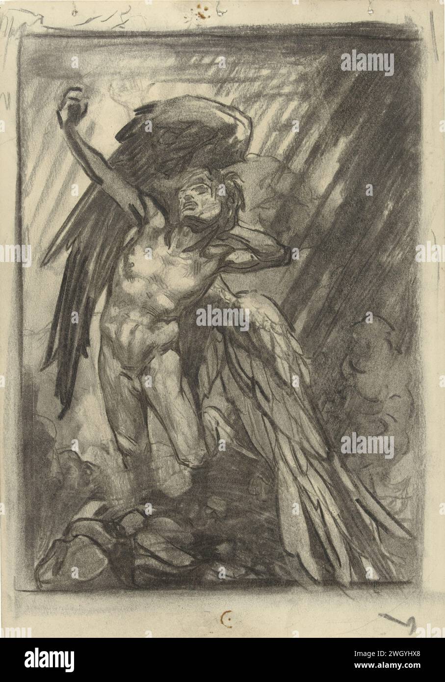 Prometheus, der aus einer felsigen Landschaft ruft, Johannes Josephus Aarts, 1881–1934 Zeichentwurf für einen Druck. Papier. Ein Adler weint an Prometheus' Leber Stockfoto
