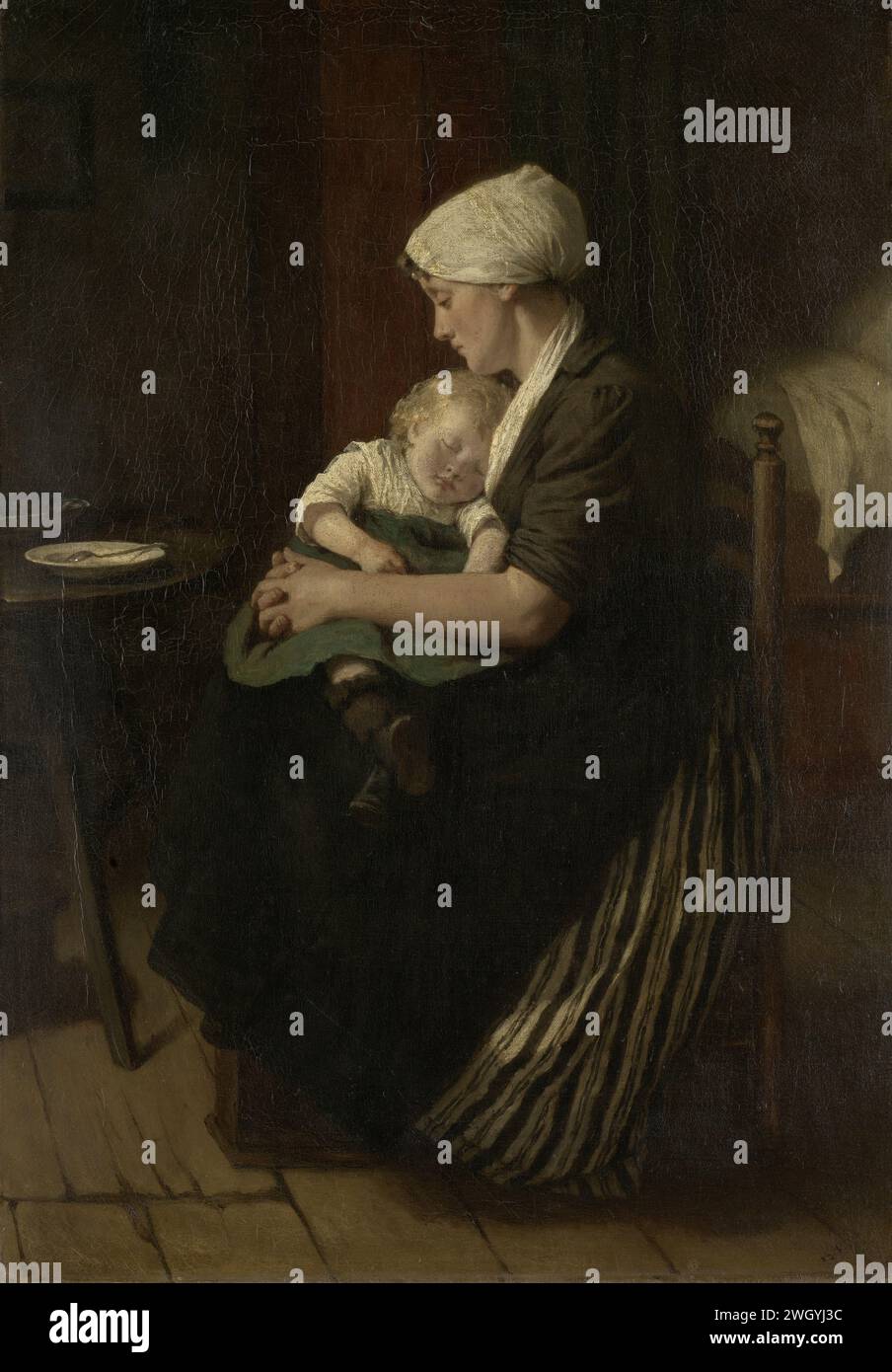 In den Schlaf eingelullt, David Adolph Constant Artz, 1871 Gemälde Suffed Sleep. Sitzende Mutter mit einem schlafenden Kind auf dem Schoß. Leinwand. Ölfarbe (Farbe) Mutter und Baby oder Kleinkind. Ein schlafendes Kind beobachten Stockfoto