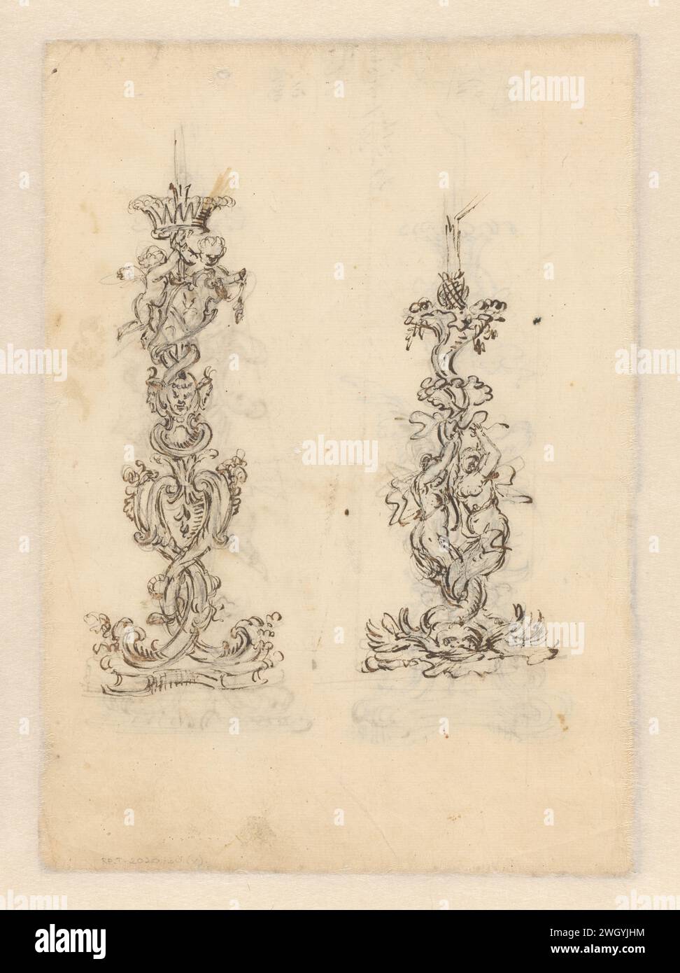 Albummagazin mit zwei großen Kerzenleuchtern, Filippo Juvarra, 1705 - ca. 1714, Zeichnung Rom (möglicherweise) Kreide. Tintenzeichnung Stockfoto