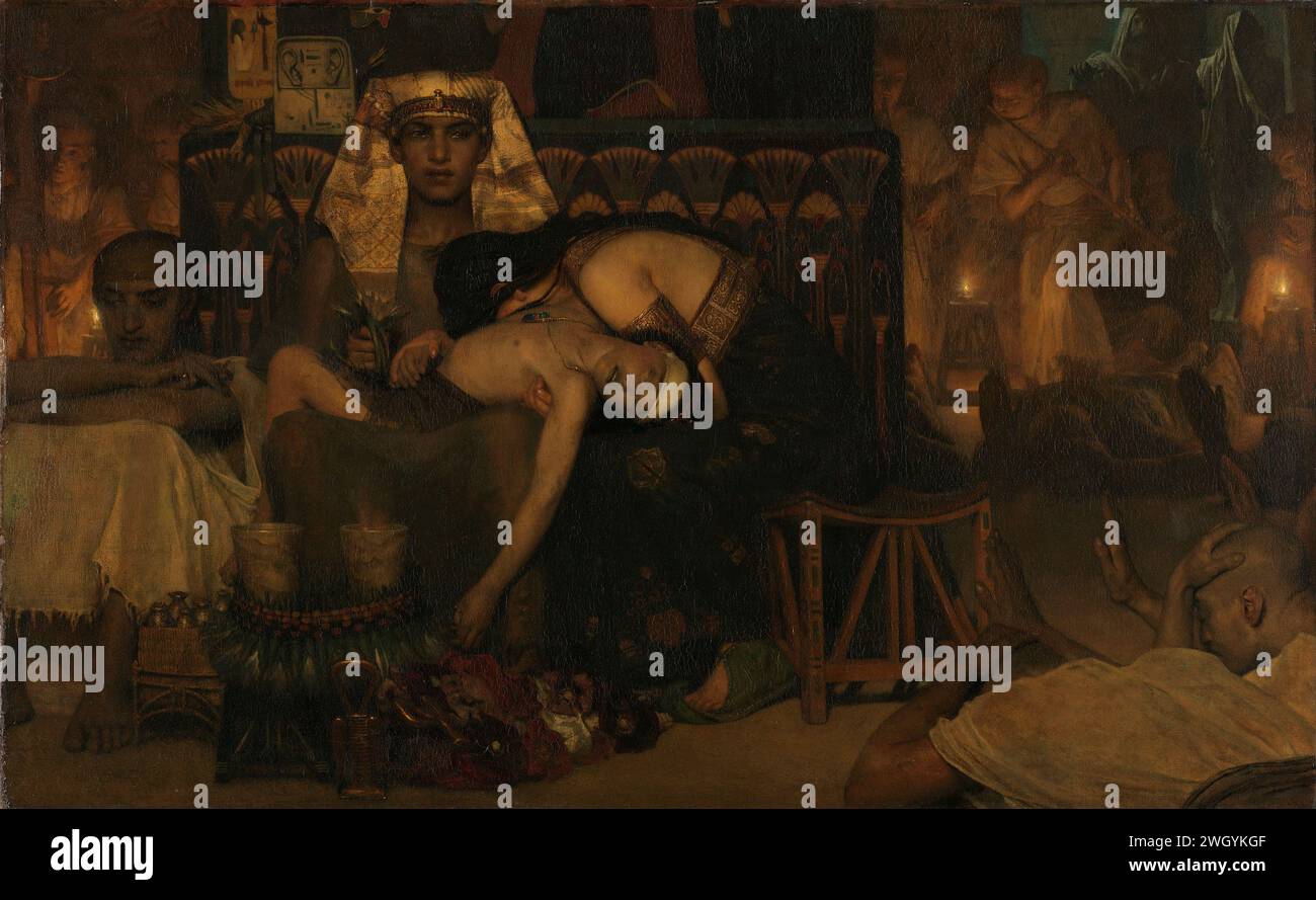 Der Tod des erstgeborenen Sohnes des Pharaos, Lourens Alma Tadema, 1872 Gemälde der Tod des Erstgeborenen. Das Innere eines Tempels mit dem ägyptischen Pharao und seiner Frau, die um den Leichnam ihres verstorbenen Sohnes trauern. Im Hintergrund Priester, Musiker und Moses und Aaron. Leinwand. Ölfarbe (Farbe) Pharao trauert um seinen toten Sohn  die zehnte Pest Stockfoto