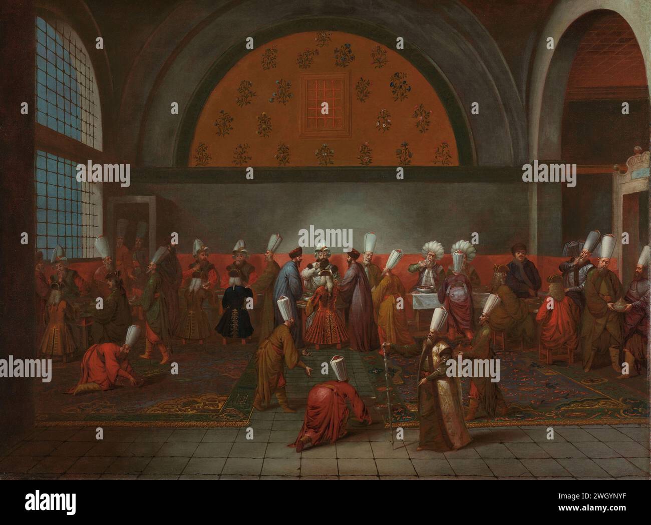 Die Mahlzeit zu Ehren von Botschafter Cornelis Calkoen, Jean Baptiste Vanmour, ca. 1727 - ca. 1730 Gemälde des Mahls, das Botschafter Calkoen vom Grootvizier im Namen von Sultan Ahmed III. Angeboten wurde, 14. September 1727. Die Niederländer und einige türkische Amtsträger teilen sich Tische in der ratskammer. Teil einer Serie von Gemälden mit türkischen Motiven aus der Türkei, die der Botschafter Cornelis Calkoen und sein Cousin Nicolaas 1817 in die Niederlande brachte. Leinwand. Ölfarbe (Farbe) Festessen, Festmahl, Bankett. botschafter. Lineal, schräg Stockfoto