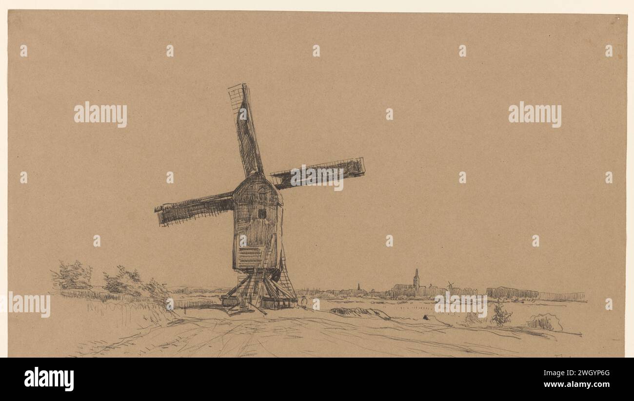 Windmolen, mit Stadt in der Nähe, Willem Bastiaan Tholen, 1870 - 1931 Zeichenpapier. Kreide-Windmühle Stockfoto