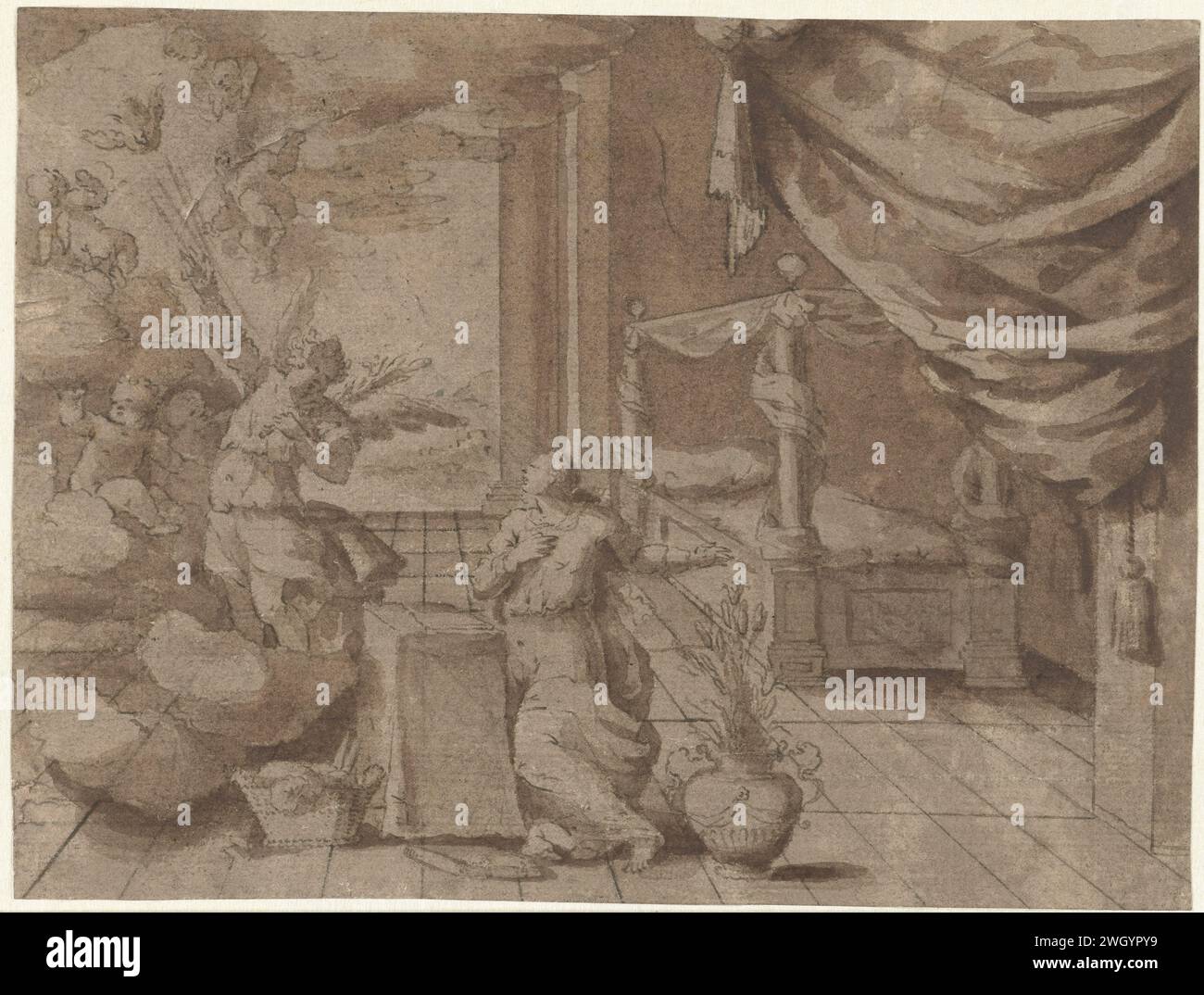 De Verkündigung, Anonym, nach Maerten de Vos, 1600–1699 Zeichenpapier. Kreide. Graphit (mineralisch). Tintenstift / Pinsel die Verkündigung: Maria, die normalerweise liest, wird vom Engel besucht (manchmal hört eine Frau das Gespräch) Stockfoto