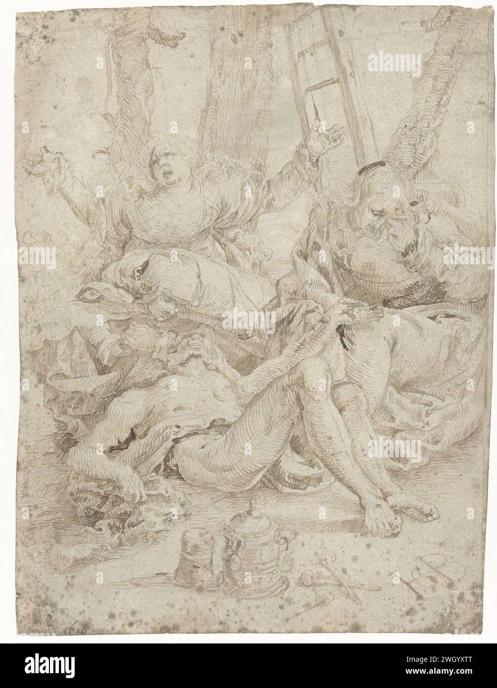 Institutionen Christi, Aertgen Claesz van Leyden, nach Hans Baldung Grien, 1508 - 1564 Zeichenpapier. Tintenstift Klage über den toten Christus durch seine Verwandten und Freunde (Christus normalerweise ohne Dornenkrone) Stockfoto