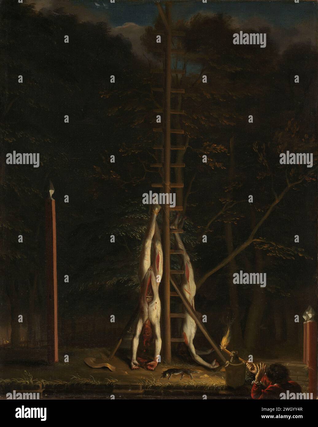 Die Leichen der Brüder de Witt, Jan de Baen (zugeschrieben), um 1672 – um 1675 Gemälde der verstümmelten Leichen von Johan de Witt und Cornelis de Witt, hängte an der Wippe auf dem grünen Zoodje auf dem Vijverberg in den Haag, 20. August 1672. Wie ein Mann mit einer Fackel. Leinwand. Ölfarbe (Farbe) Gehäuse der ausgeführten in der Öffentlichkeit angezeigt. Gewalttätiger Tod durch Verstümmelung oder Verstümmelung des Haag. Vijverberg. Grün so Stockfoto