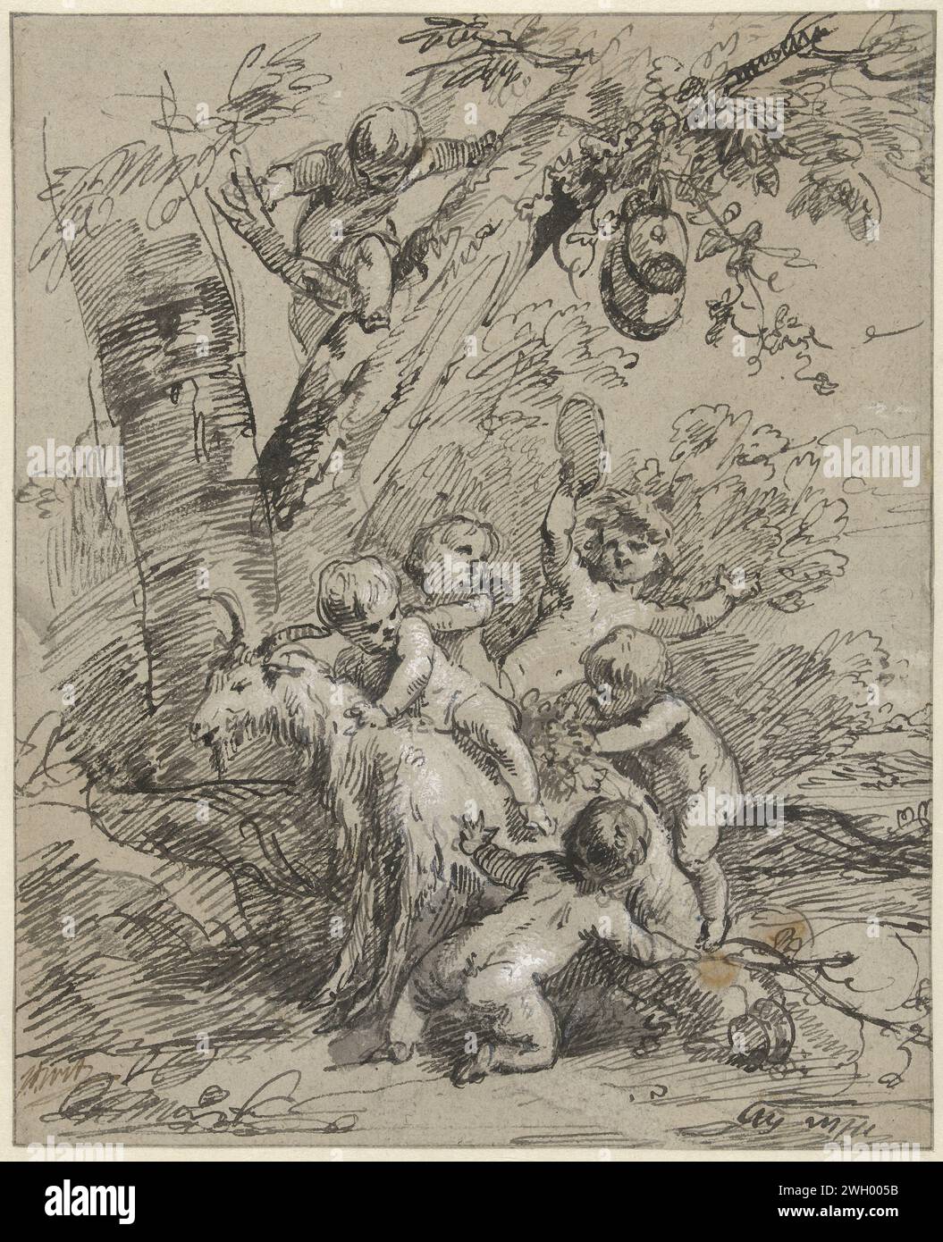 Fünf Kinder, die mit einer Ziege spielen, Jacob de Wit, 1705 - 1754 Zeichenpapier. Tuschstift Huftiere: Ziege Stockfoto