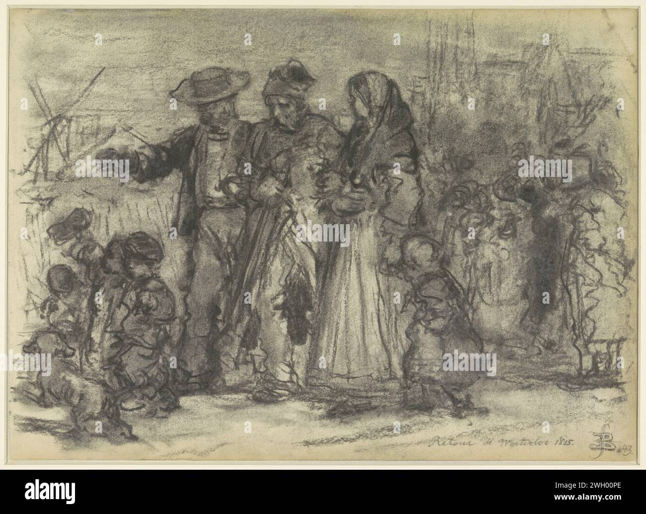 Rückkehr nach Hause von einem alten Soldaten, nach der Schlacht von Waterloo, Eugène Francois de Block, 1843 Zeichenpapier. Kreide nach dem Kampf. Rückkehr der Soldaten ins zivile Leben, Rückkehr nach Hause. Historische Ereignisse und Situationen Waterloo Stockfoto