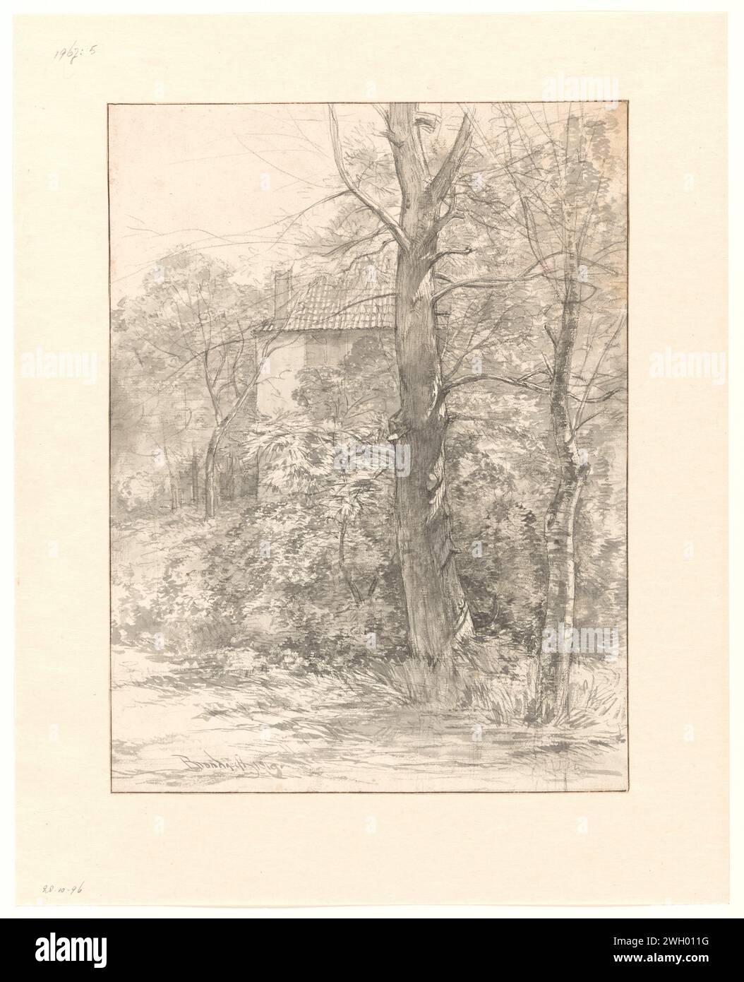 Haus zwischen Bäumen, Albertus Brondgeest, 1796 - 1849 Zeichenpapier. Kreidebürste Stockfoto