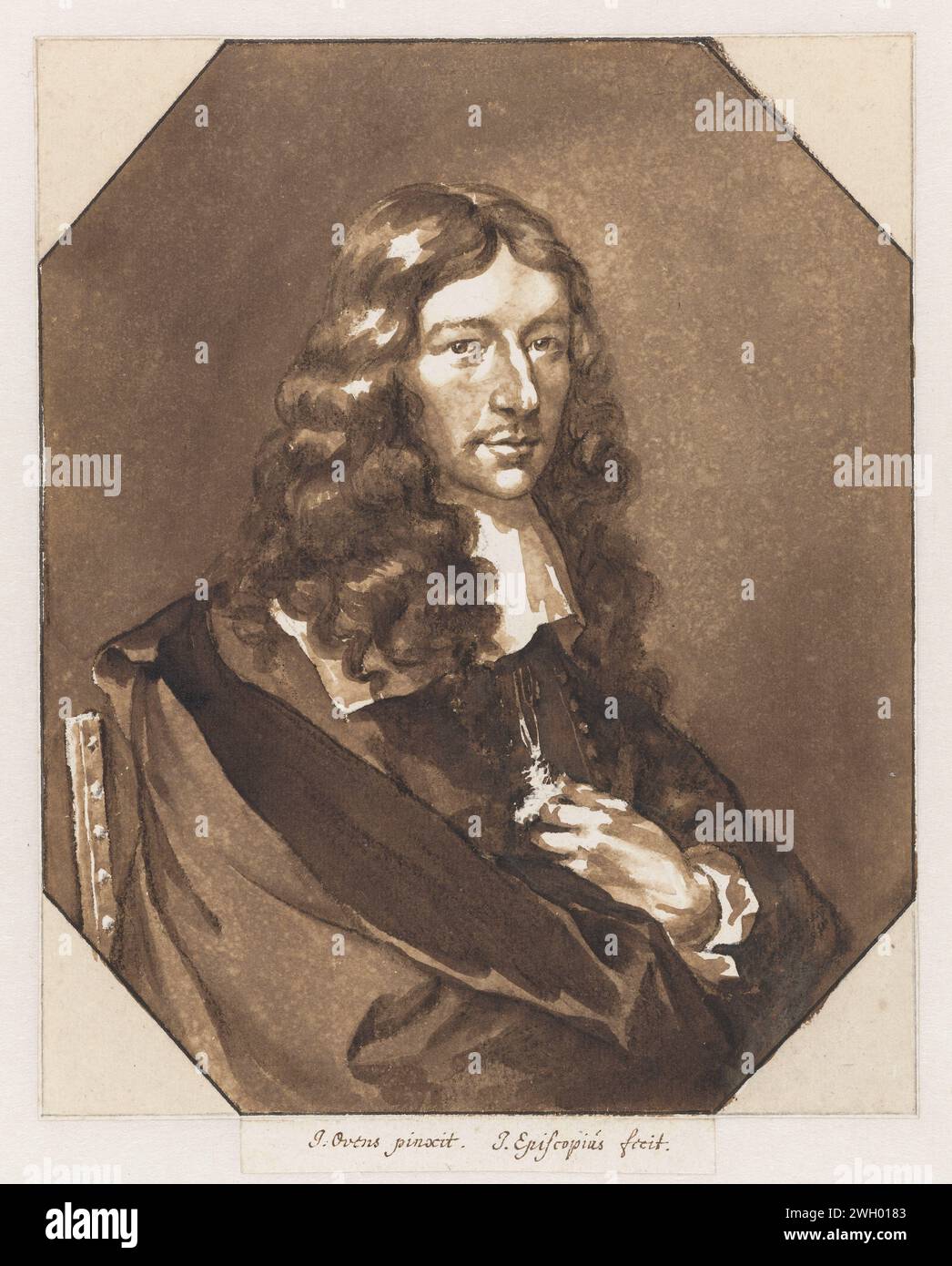 Porträt von Jan de Bisschop, Jan de Bisschop, nach Jürgen Ovens, 1657 - 1671 Zeichenpapier. Kreide. Graphit (Mineral) Pinselporträt, Selbstporträt des Künstlers. Historische Personen Stockfoto