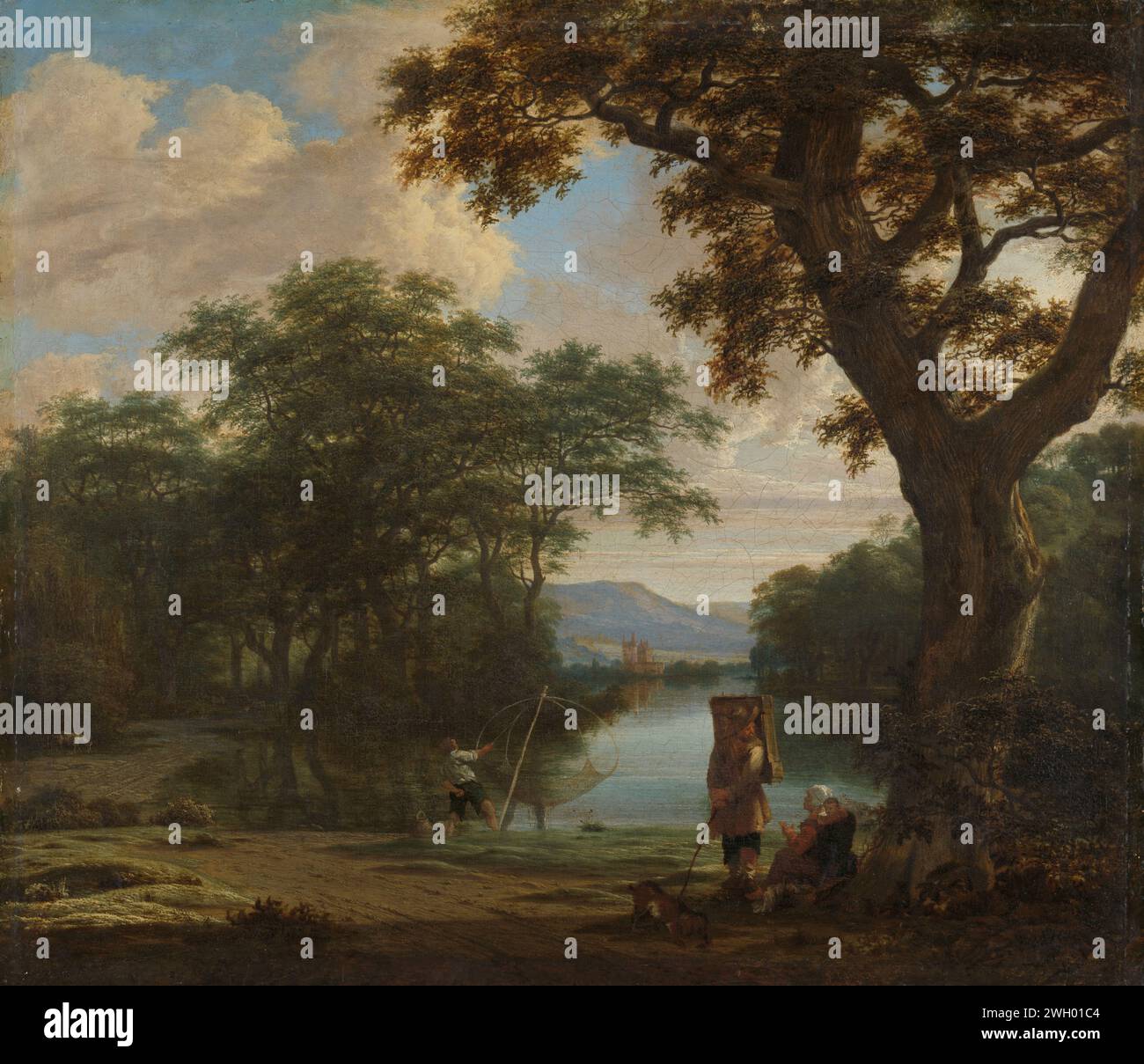 Landschaft mit Fischer mit einem quadratischen Netz, Joris van der Haagen, um 1645 - um 1655 Gemälde Landschaft mit Fischer mit einem Netz. An einem Teich im Wald nimmt ein Fischer sein Netz aus dem Wasser. Im Vordergrund ein Marskramer in einer sitzenden Frau unter einem großen Baum. Leinwand. Ölfarbe (Farbe) FLUSS. Fischernetz. Pads Stockfoto