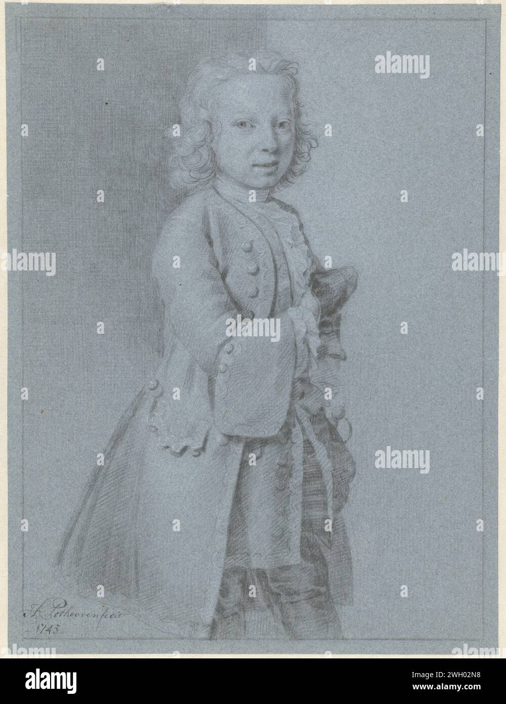 Porträt eines stehenden Jungen, Hendrik Pothoven, Zeichenpapier 1745. Chalk anonyme historische Person, die allein dargestellt wird Stockfoto