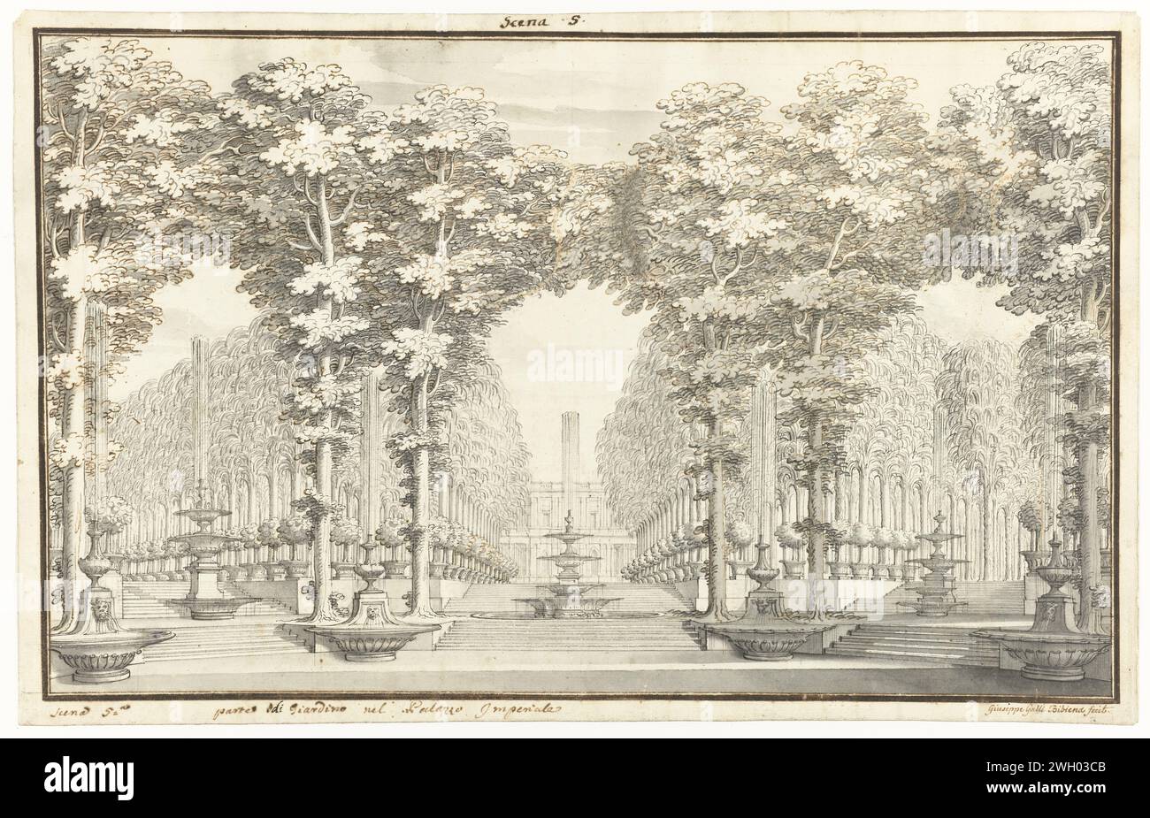 Dekordesign, das den Garten des Kaiserpalastes darstellt, Giuseppe Galli Bibiena, 1706 - 1756 Zeichnung Design für ein Theaterdekor. Papier. Tintenstift / Pinsel Gartenbrunnen. Bühnendesign. Garten Stockfoto