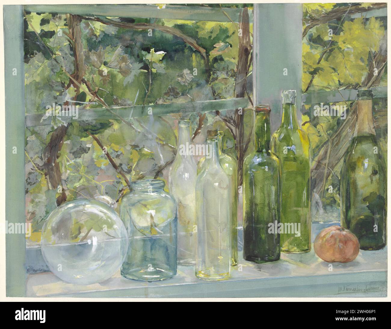 Fensterbank mit Flaschen, Glaskugel und Apfel, Menso Kamerlingh Onnes, ca. 1892 Zeichenpapier. Deckfarbe. Stillebensdauer von Aquarellpinseln für verwandte Objekte. Glasbehälter: Flasche, Glas, Vase. Früchte: apfel Stockfoto