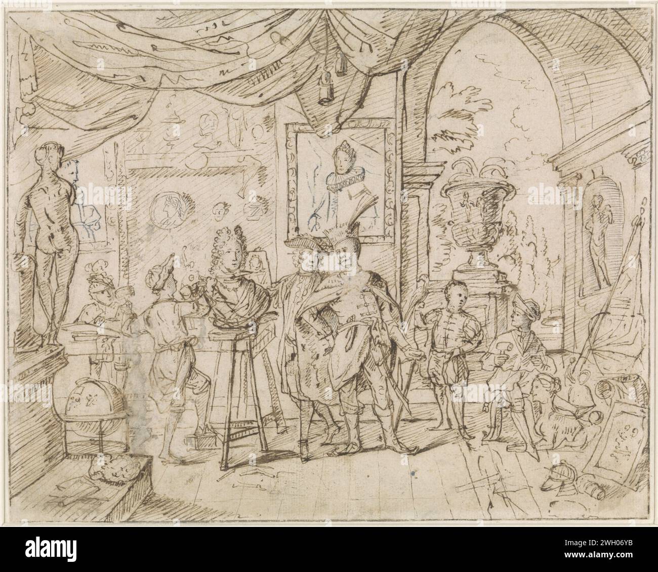 Besuch der Werkstatt von W. van de Berge, Anonym, 1650 - 1750 Zeichenpapier. Tintenstiftkünstler bei der Arbeit, in seiner Werkstatt. Porträt, Selbstporträt des Zeichners. Bildhauer bei der Arbeit. Porträt, Selbstporträt des Künstlers Stockfoto