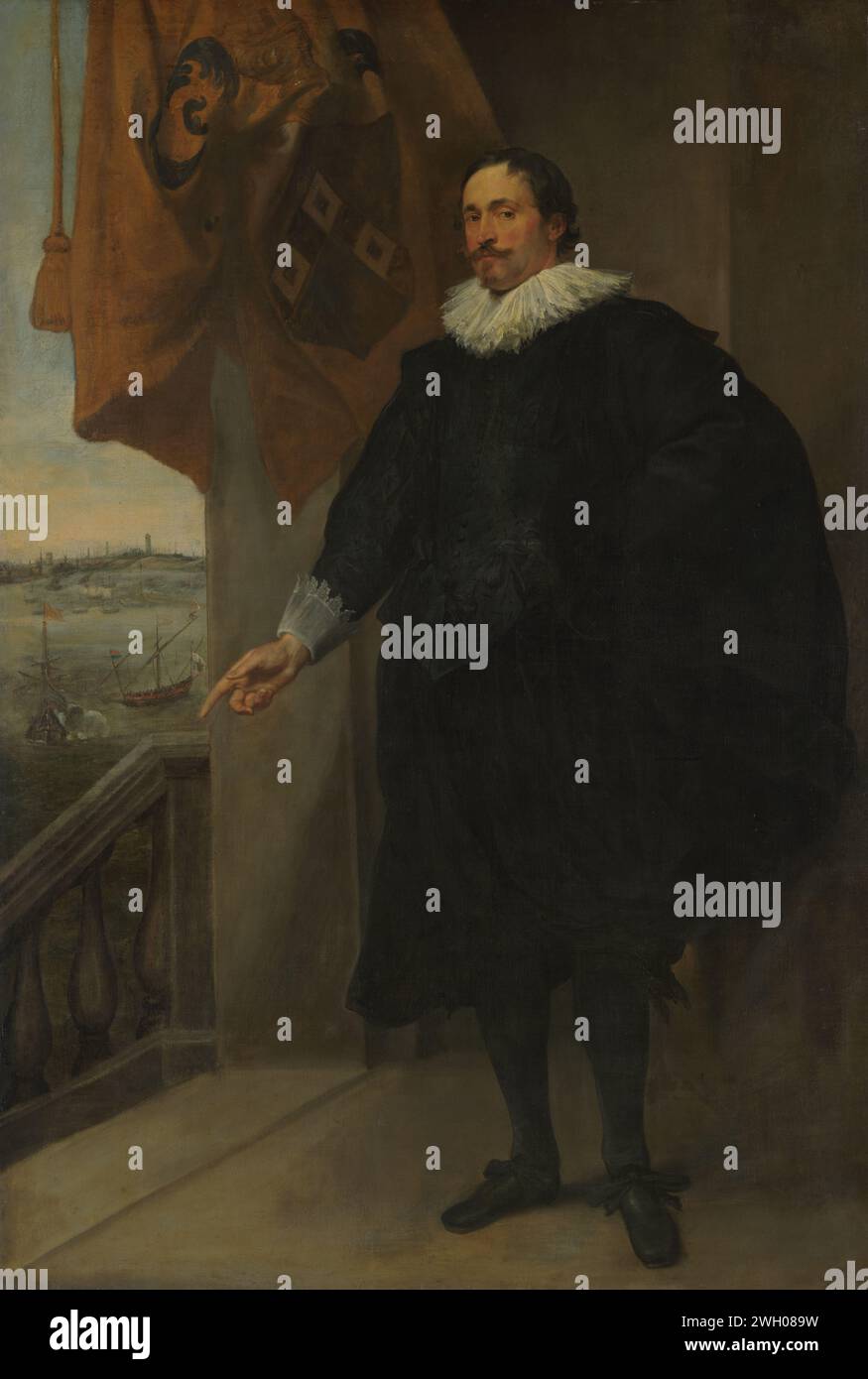 Porträt eines Adligen, möglich Adriaan van der Borcht, Anthony Van Dyck, 1634 - ca. 1635 Gemälde Porträt von Adriaan van der Borcht. Stehend, rückwärts und mit der rechten Hand zeigen, auf einem Balkon mit Treppe und großem Vorhang. Links ein Gesicht zur Rede von Dunkirk. Leinwand. Ölfarbe (Farbe) historische Personen Dunkirk Stockfoto