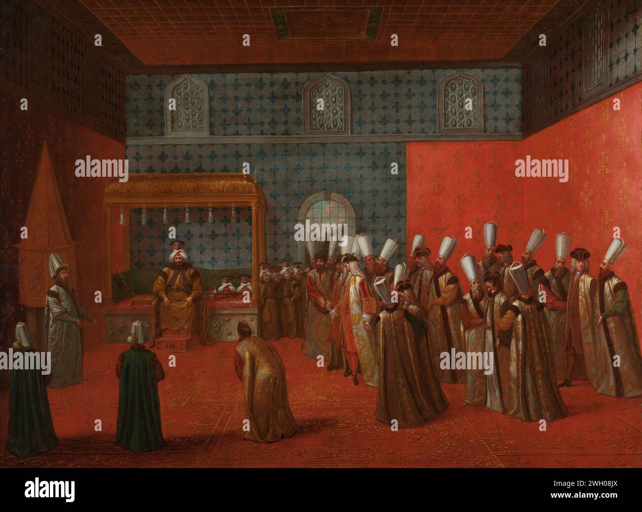 Botschafter Cornelis Calkoen bei seinem Publikum bei Sultan Ahmed III., Jean Baptiste Vanmour, ca. 1727 - ca. 1730 Gemälde Botschafter Cornelis Calkoen über Publikum bei Sultan Ahmed III., 14. September 1727. Die linke Seite wendet sich an den Großwesir, den Botschafter. Der Sultan steht links auf seinem Thron. Rechts der Botschafter mit seinem Gefolge und türkischen Amtsinhabern. Teil einer Serie von Gemälden mit türkischen Motiven aus der Türkei, die der Botschafter Cornelis Calkoen und sein Cousin Nicolaas 1817 in die Niederlande brachte. Leinwand. Öl Stockfoto