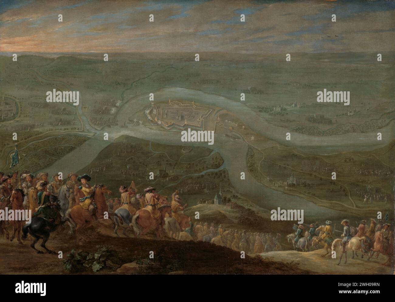 König Ludwig XIV. Und seine Entourage bei der Belagerung von Schenkenschans, 1672, Lambert de Hondt (II), um 1675 Gemälde der Truppen von Lodewijk XIV. Für Schenkenschans, 18. Juni 1672. Von vorne steigen links und rechts Reiter auf dem Weg zur Festung, die sich in der Ebene an der Trennung von Rijn und Waal befindet, einen Hügel ab. Im Vordergrund eine Gruppe von Offizieren zu Pferd, im Hintergrund eine Karte der Region in einer nusshaften Perspektive mit Waffen, die von allen Seiten vorrücken. Anhänger von SK-A-4663. Leinwand. Ölfarbe (Farbe) Festung. Angriff  Belagerung Schenkhans Stockfoto