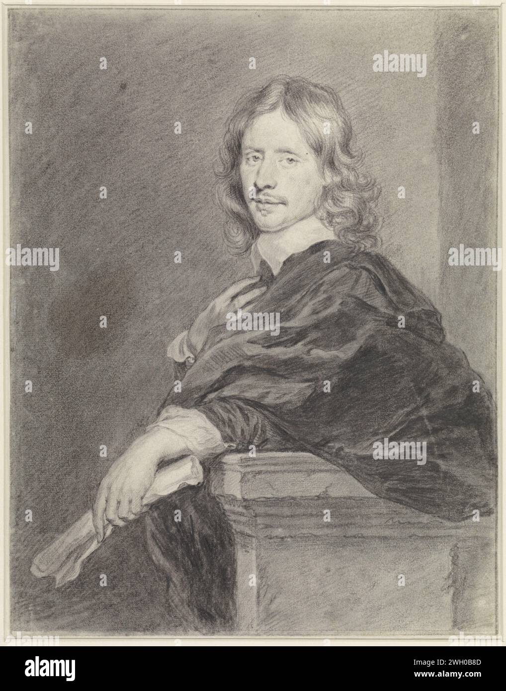 Porträt von Govert Flinck, Cornelis van Dalen (II), 1648–1664 Zeichendesign für einen Druck. Papier. Bleistift historische Personen. Porträt, Selbstporträt des Zeichners. Porträt, Selbstporträt des Malers. Porträt, Selbstporträt des Künstlers Stockfoto