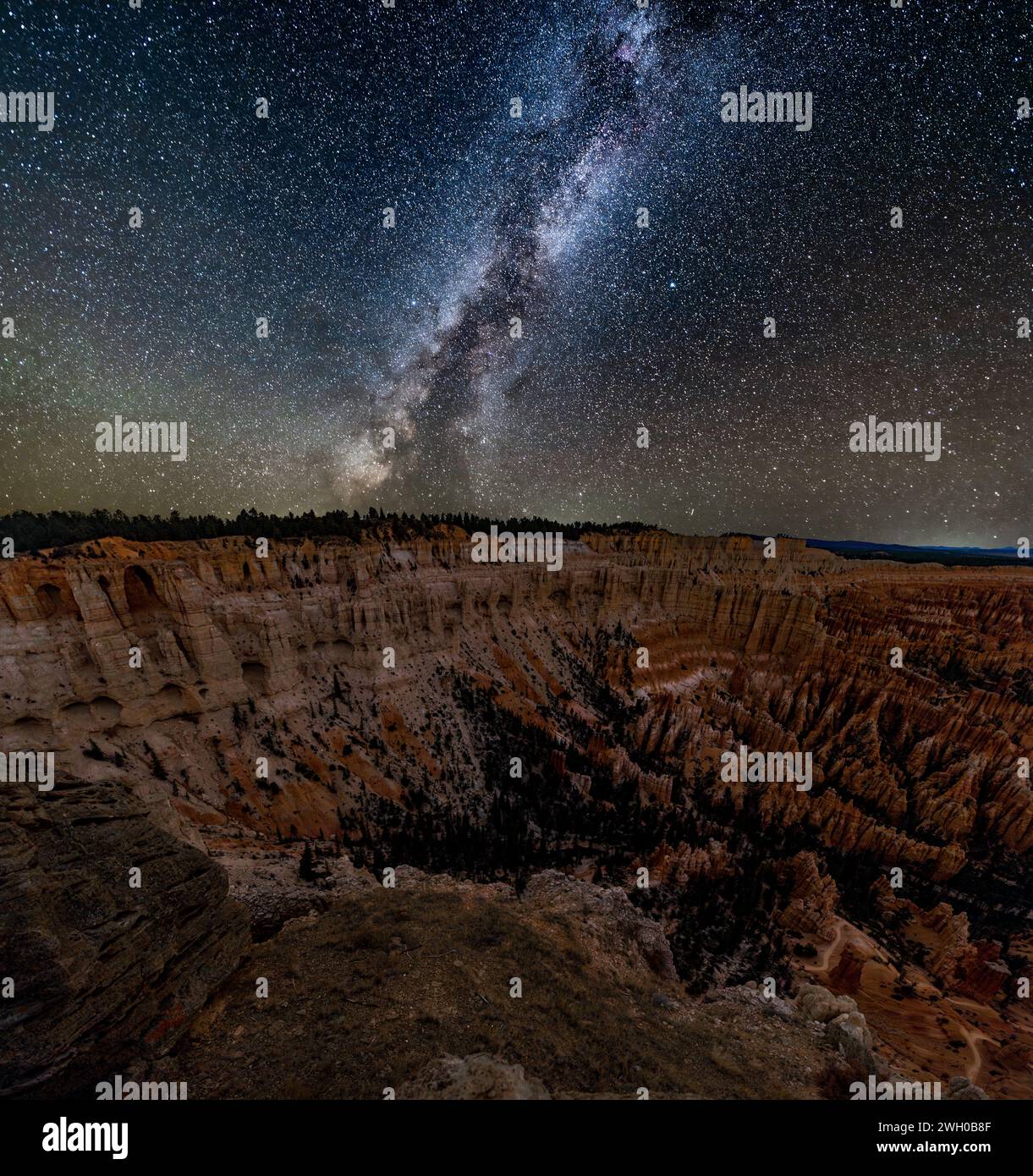 Bryce Canyon bei Nacht beleuchtet von der Milchstraße, die vom Bryce Point Overlook nach Westen blickt Stockfoto