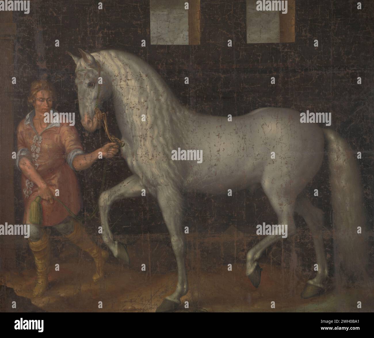 Spanisches Kriegspferd, Jacques de Gheyn (II), 1603 Gemälde Eines weißen spanischen Kampfhengstes, der von Louis Günther van Nassau auf Erzherzog Albertus van Austria während der Schlacht bei Nieuwpoort 1600 gefangen genommen und Prinz Maurits geschenkt wurde. Das Pferd wird von einem Stall geführt und ist fast lebensgroß. Leinwand. Ölfarbe (Farbe) Pferd. Bräutigam. Trophäe  Battle, war Nieuwpoort (Belgien) Stockfoto