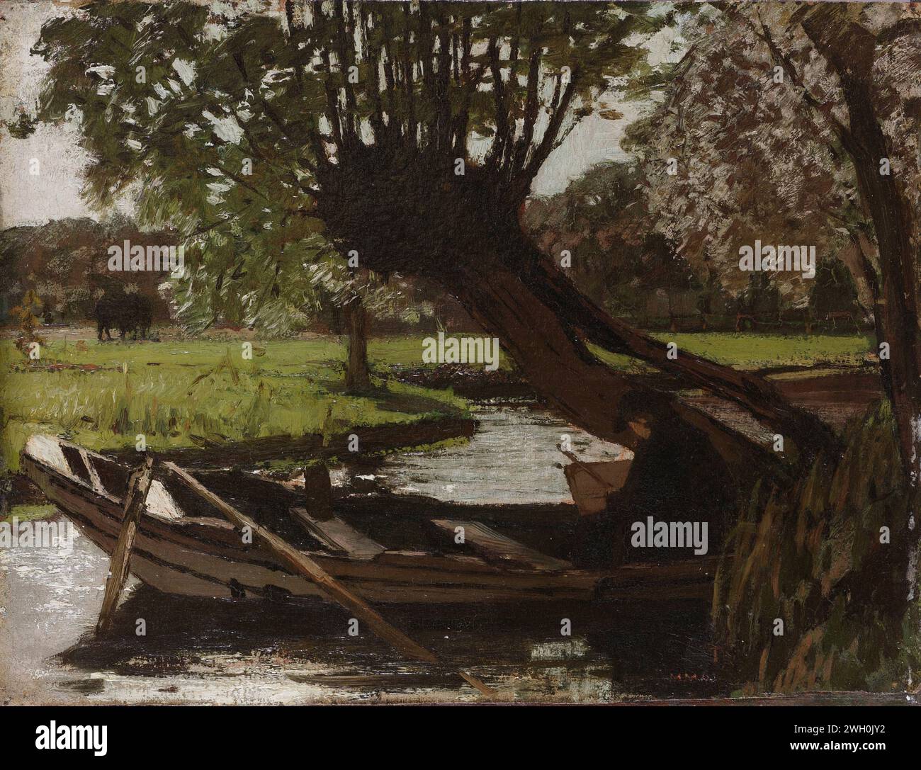 Boot mit einer Pollard Weide, Matthijs Maris, 1863 malend Einen Maler, der in seinem Boot auf dem Wasser unter einer pollard Weide sitzt. Links eine Wiese mit Vieh. Papier. Bereich. Ölfarbe (Farbe) Bäume: weide. Ruderboot, Kanu usw. Maler bei der Arbeit, in seinem Atelier - CC - draußen Stockfoto