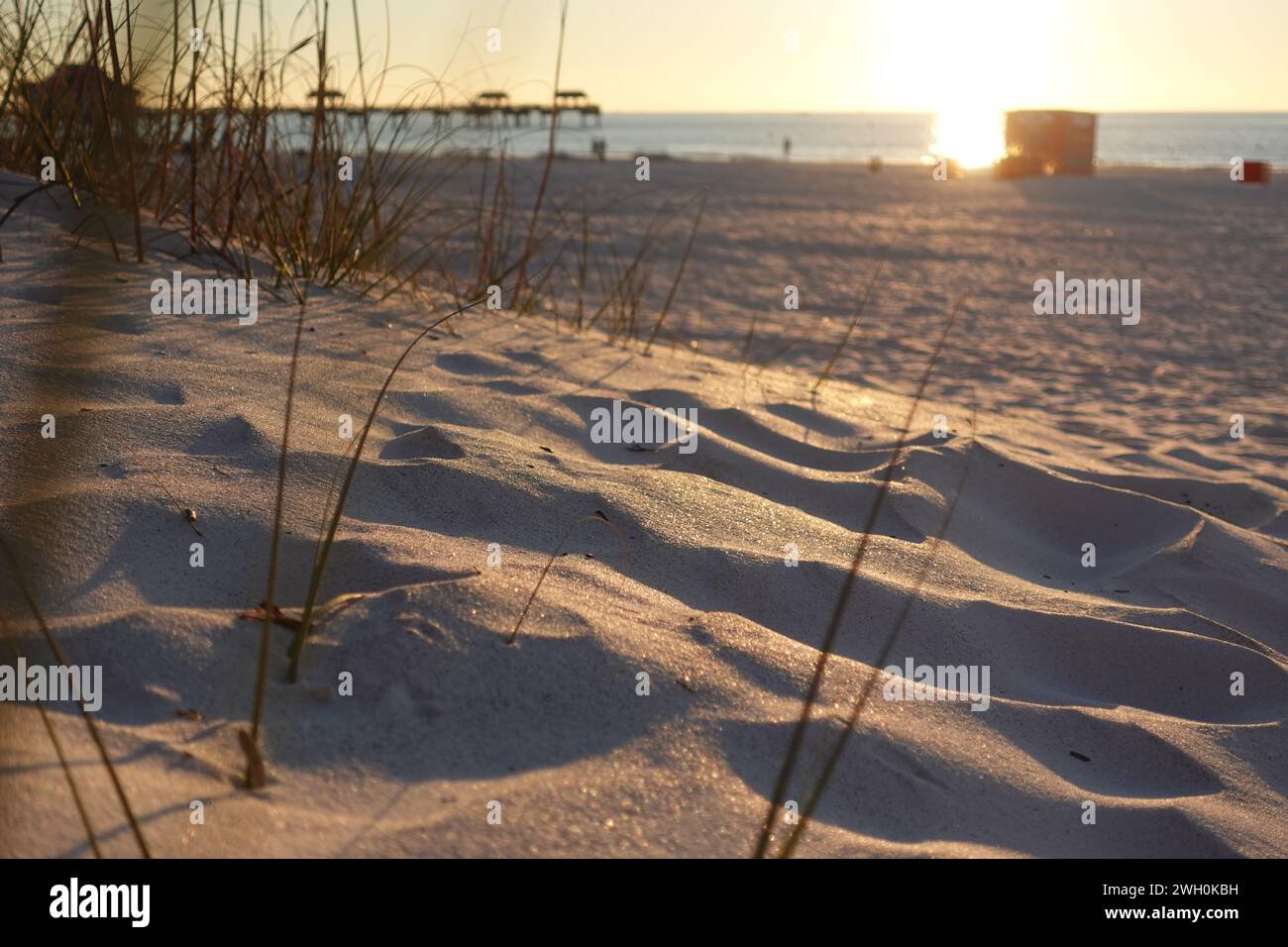 Nahaufnahme des Sandes bei Sonnenuntergang über Clearwater Beach, Florida, aus einem niedrigen Winkel gefangen Stockfoto
