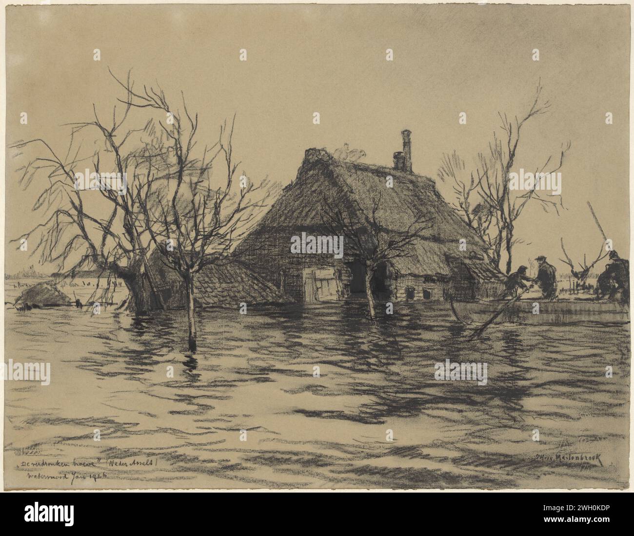 Überfluteter Bauernhof in Neder-Asselt (Land van Maas und Waal), Johan Hendrik van Mastenbroek, 1926 Zeichenpapier. Kreideflut. Historische Ereignisse und Situationen. Bauernhof (Gebäude) Nedersselt Stockfoto