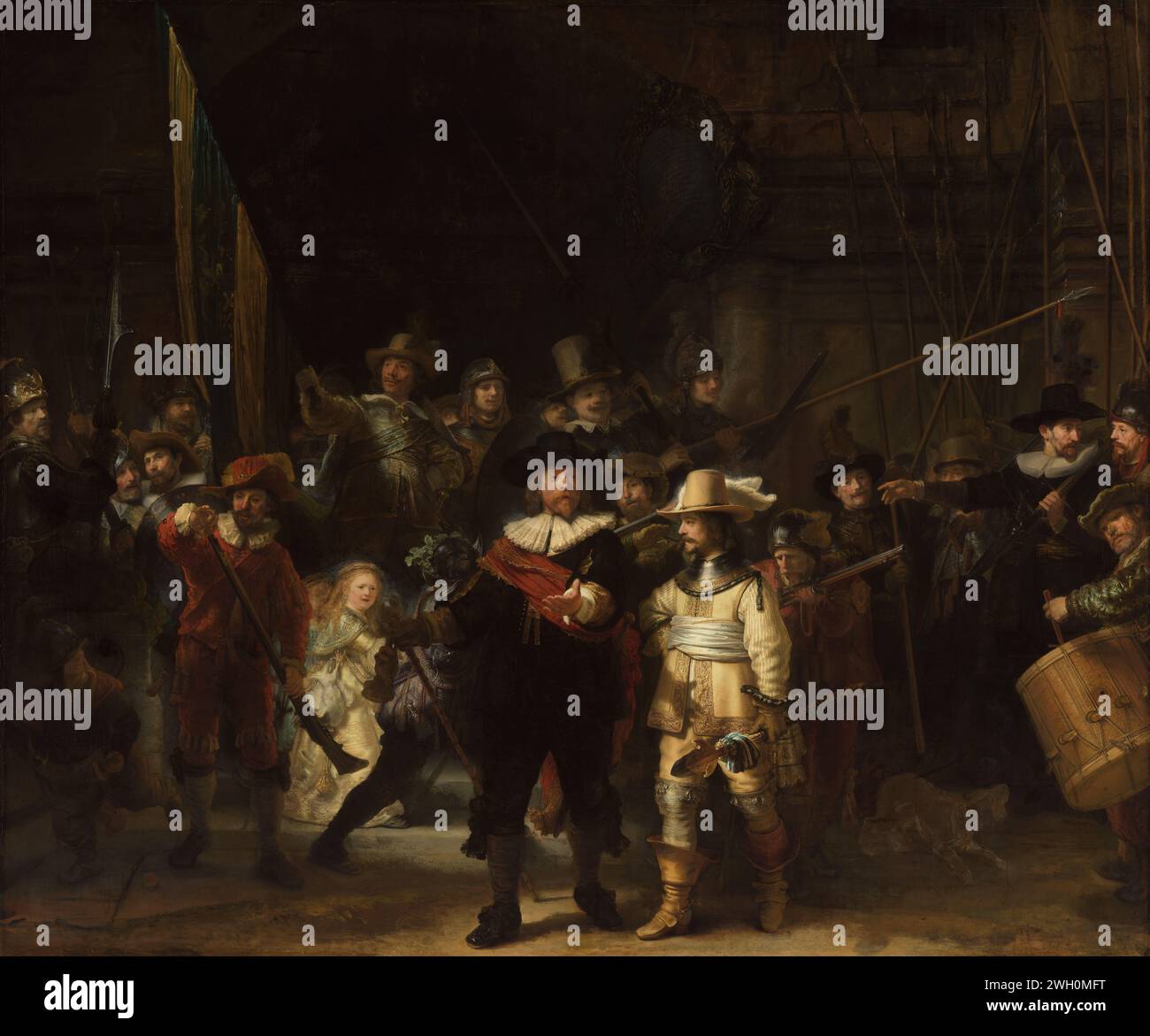 Die Nachtwache, Rembrandt van Rijn, 1642 Maloffiziere und andere Schützen von Wijk II. In Amsterdam unter der Führung von Kapitän Frans Banninck Cocq und Leutnant Willem van Ruytenburch, bekannt seit Ende des 18. Jahrhunderts als „de Nachtwacht“. Schutters des Kloveniersdoelstoel von einem Tor nach draußen. Neben dem Tor sind die Namen der dargestellten Personen angebracht: Frans Banning Cocq, Lord of Purmerlant und Ilpendam, Capiteijn Willem van Ruijtenburch van Vlaerdingen, Lord of Vlaerdingen, Lu [ij] Pächter, Jan Visscher Cornelisen Vaendrich, Rombout Kemp Sergeantant, Reijnier E Stockfoto