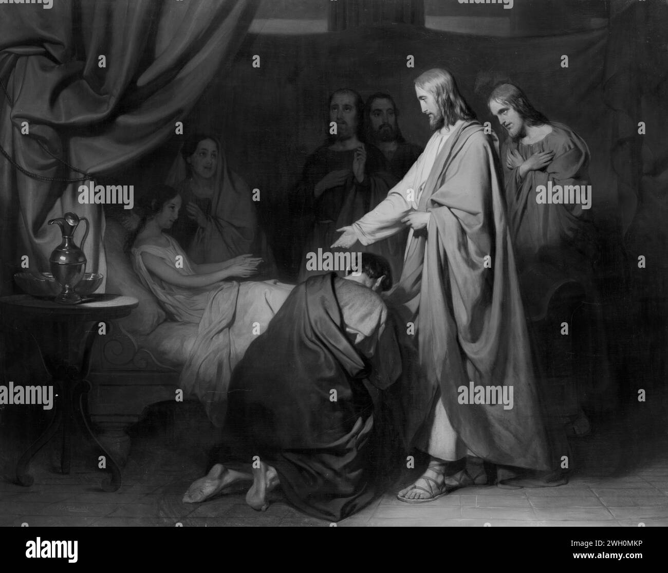 Die Generation der Tochter von Jairus, Willem Hendrik Schmidt, 1830–1849, als er die Generation der Tochter von Jaius malte. Rechts steht Christus zwischen einigen seiner Jünger mit einer Hand zum Leben, Jairus kniet zu seinen Füßen, die Mutter steht neben dem Bett. Niederlande Canvas. Ölfarbe (Farbe) Aufzucht der Tochter Jairos, die im Bett liegt (Matthäus 9:18-19, 9:23-26; Markus 5:21-24, 5:35-43; Lukas 8:40-42, 8:49-56) Stockfoto