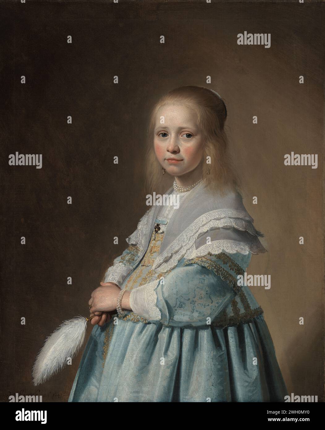 Porträt eines Mädchens in Blau, Johannes Cornelisz. Verspronck, 1641 Gemälde Porträt eines Mädchens in Blau. In der Hälfte stehend, eine Feder in den Händen. Leinwand. Ölfarbe (Farbe) Mädchen (Kind zwischen Kleinkind und Jugend). Fan (+ Damenkleidung). Kleid, Kleid (+ Damenkleidung) Stockfoto