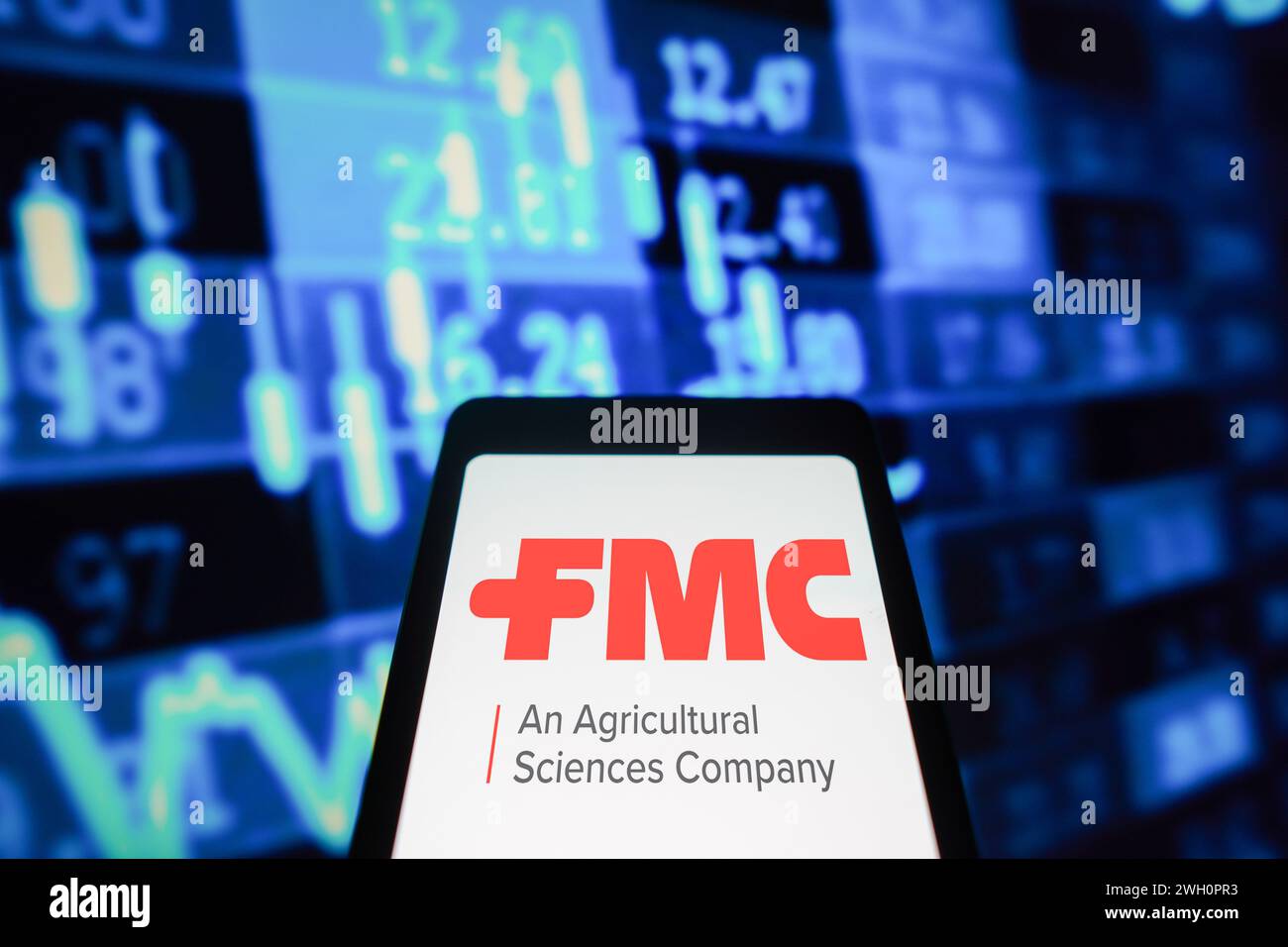 Brasilien. Februar 2024. In dieser Abbildung wird das Logo der FMC Corporation auf einem Smartphone-Bildschirm angezeigt. Quelle: SOPA Images Limited/Alamy Live News Stockfoto