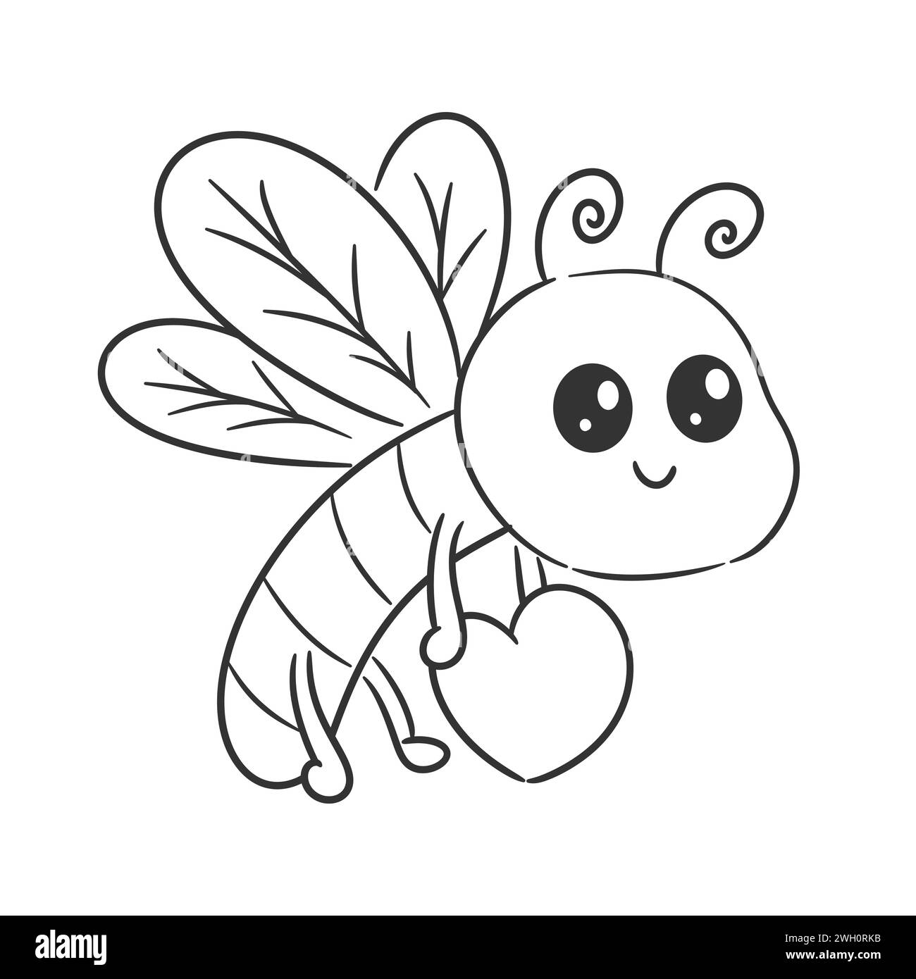 Der süße Schmetterling fliegt allein und trägt ein Herz zum Färben Stock Vektor
