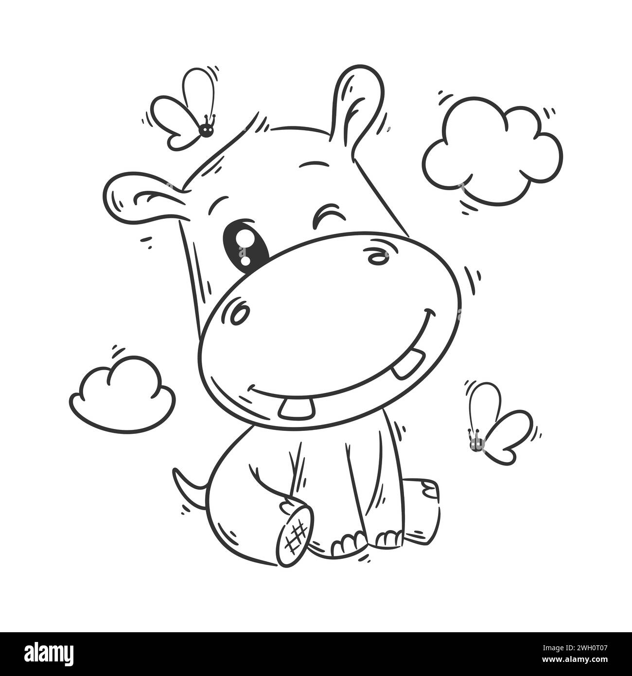 Niedliches Nilpferd ist sitzender Cartoon-Vektor für Färbung Stock Vektor