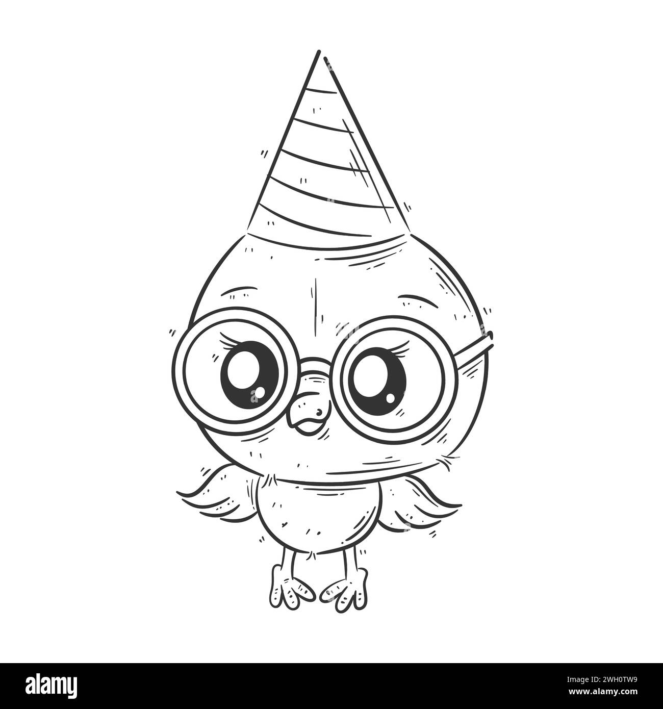Niedlicher Vogel mit Brille und Geburtstagshut zum Färben Stock Vektor