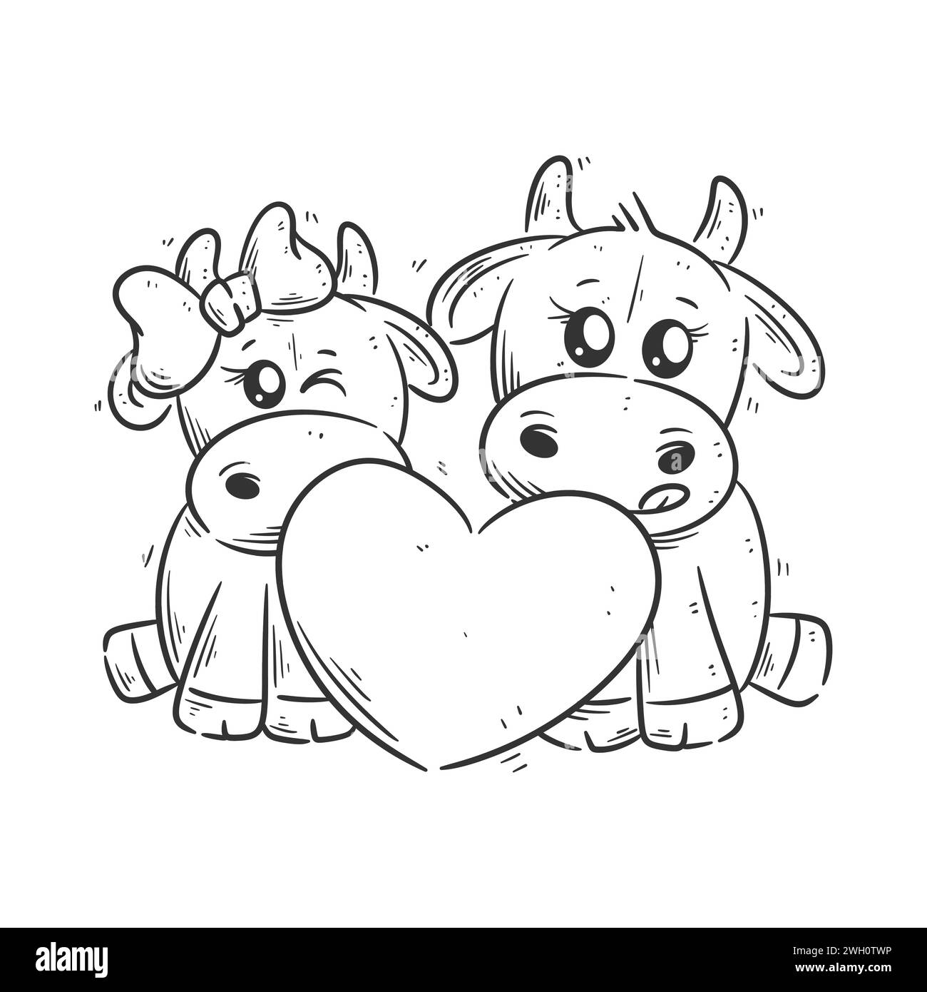 Zwei Kühe stehen hinter dem Herzen zum Färben Stock Vektor