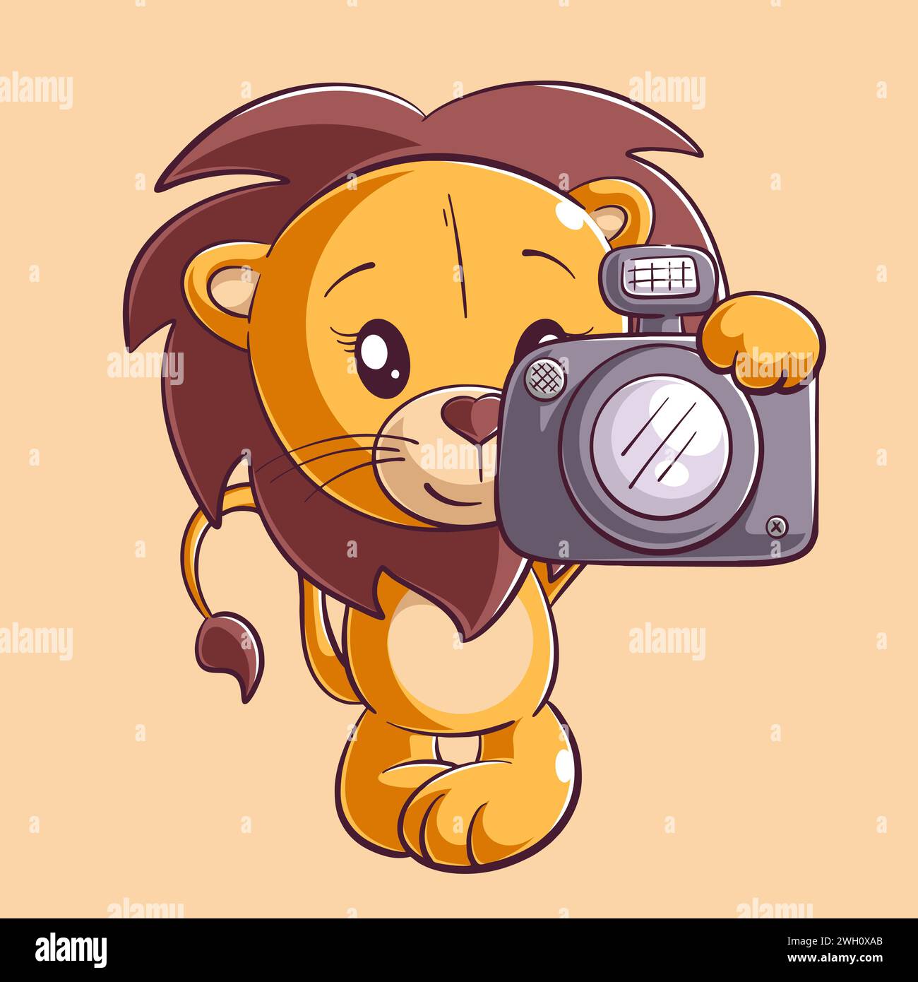 Niedlicher Löwe, der allein steht und eine Kamera trägt Stock Vektor